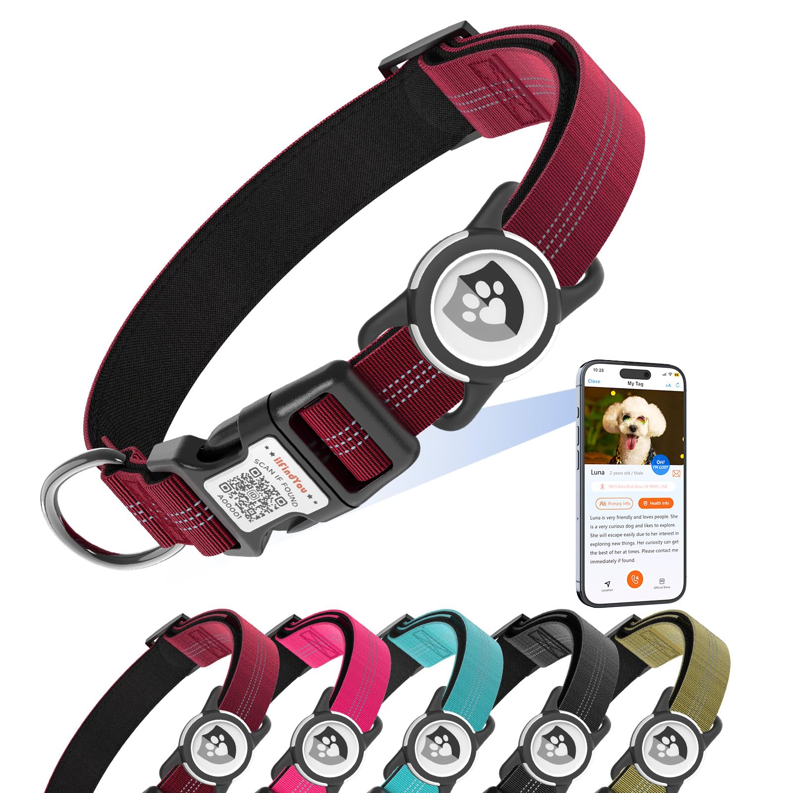 Ilfindyou Reflective Dog Collar With Airtag Holder For Medium Dogs Soft Nylon Burgundy Sized M