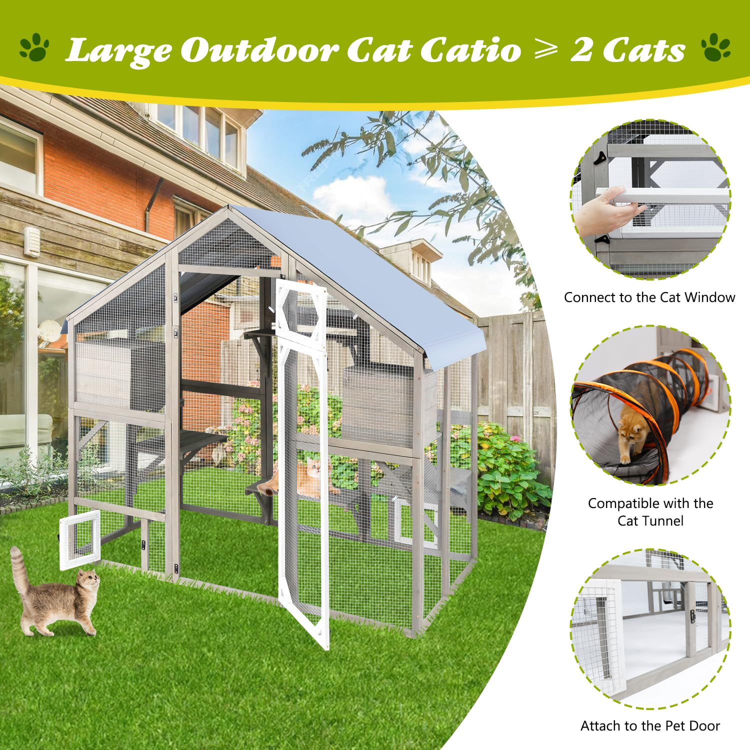 PetsCosset Cat Catio Outdoor Enclosure - Large Weatherproof Wooden Kitty Kennel for 2-3 Cats, 71" H, Grey, Model PET03-Catio