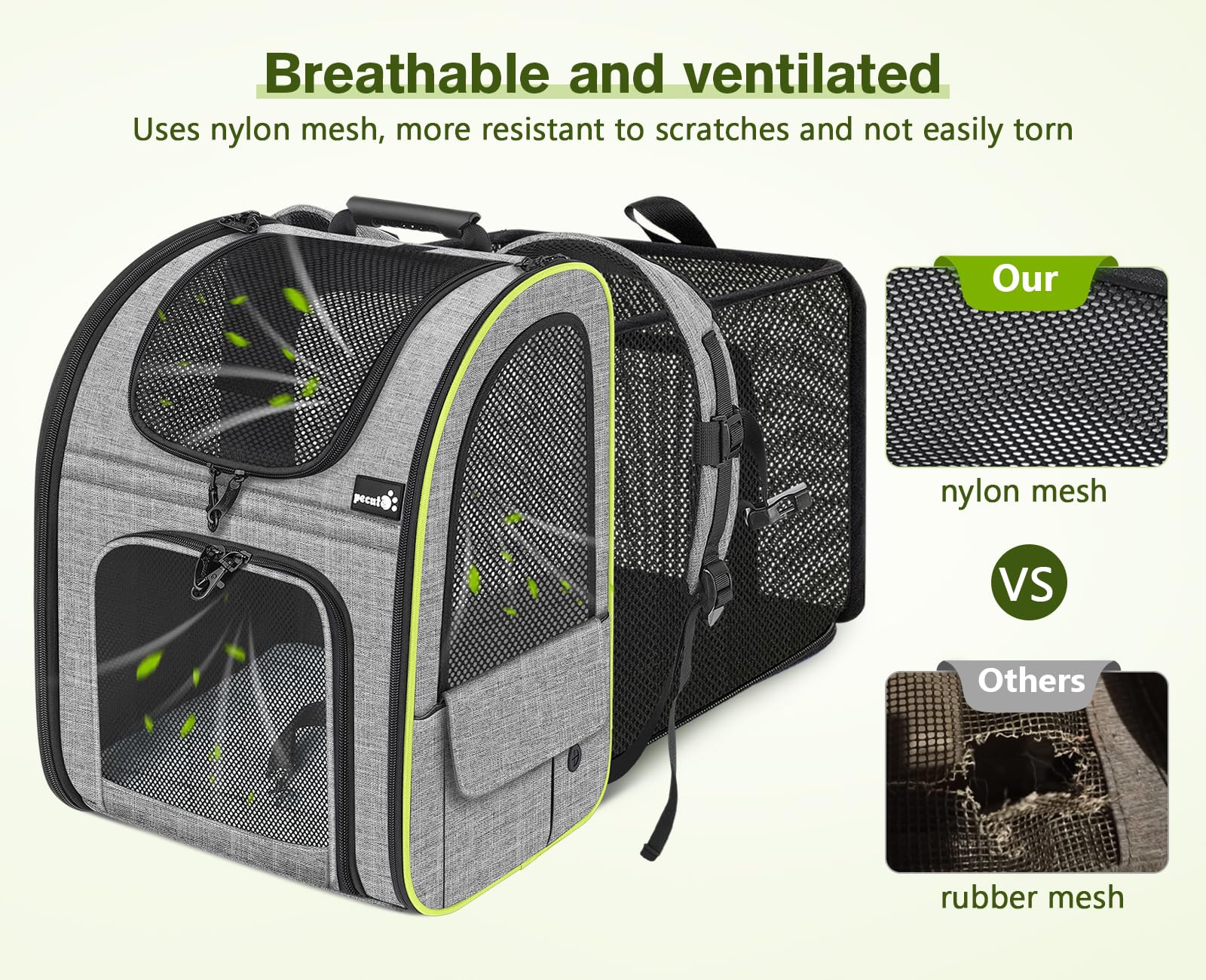 Pecute Cat Carrier Backpack - Expandable, Breathable Mesh, Grey, L, Model PC-PCB03 for Cats & Small Dogs Up to 17 Lbs, Great for Travel & Hiking