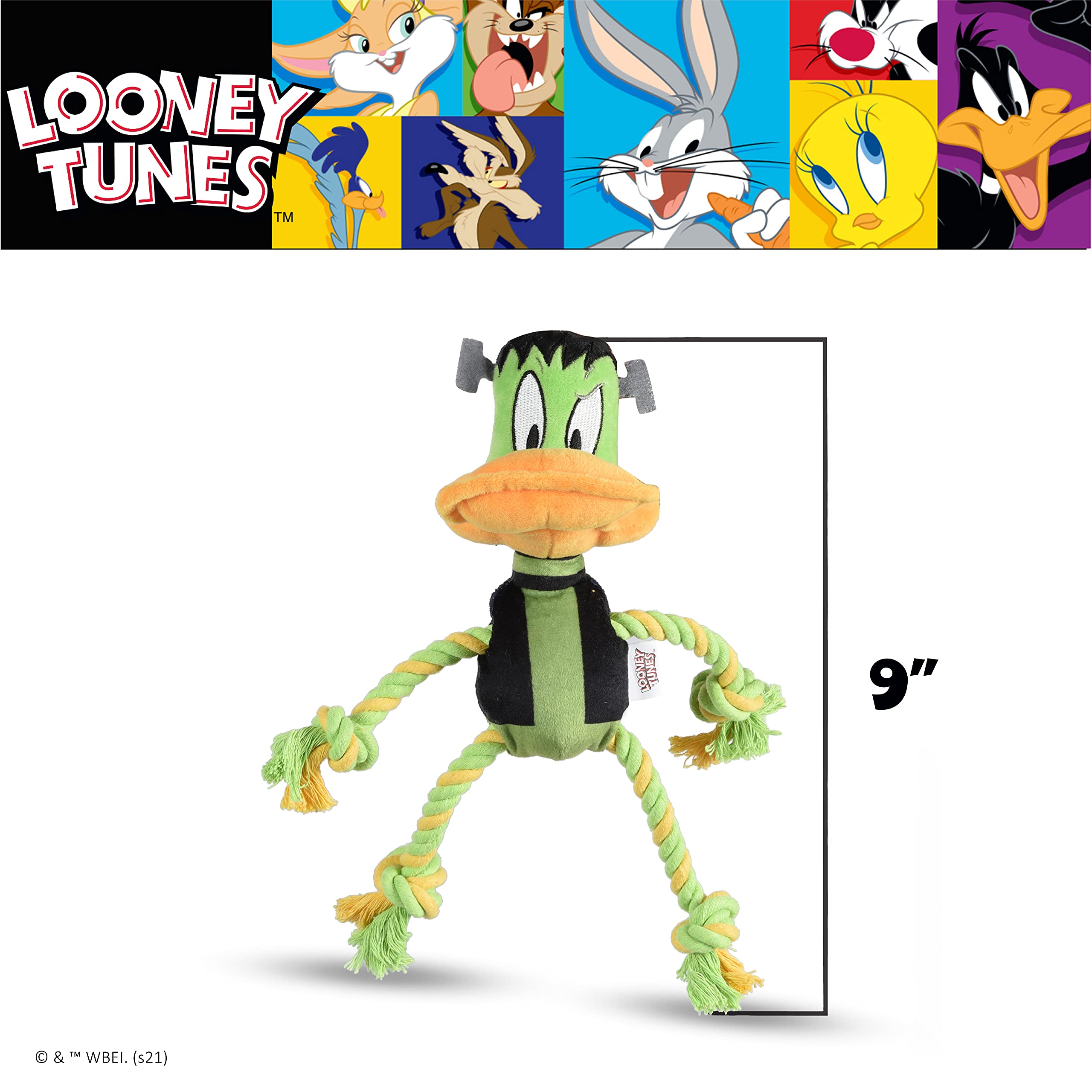 Looney Tunes For Pets Daffy Duck Plush Frankenstein Halloween Rope Pull Dog Toy | Daffy Duck Squeaky Dog Toy | Plush Fabric Dog Chew Toy Rope Toy For Dogs, 9 Inch, (Ff16975)