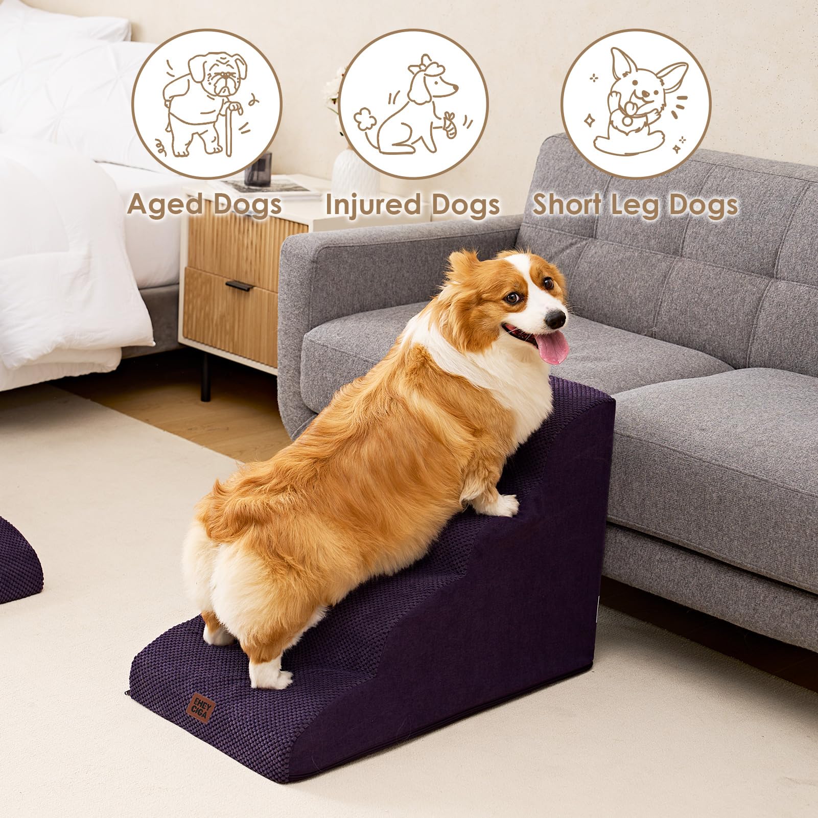 EHEYCIGA Curved Dog Stairs Ramp - 4-Step Pet Steps for High Beds, Non-Slip, Purple, 19.7" H, Model ECUS24PPT10FB