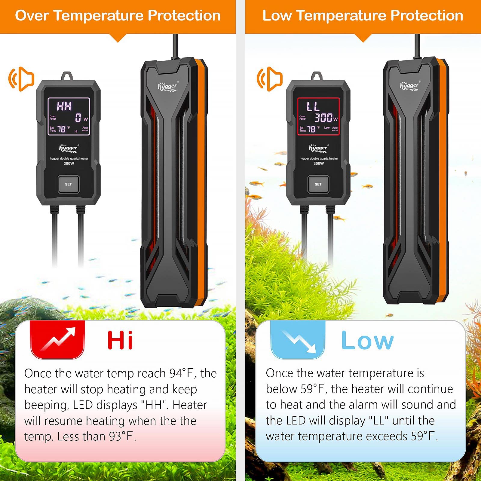 Hygger Aquarium Heater 300W/500W/800W/1000W, Submersible Fish Tank Heater With Digital Led Controller And Intelligent Leaving Water Automatically Stop Heating System, For Freshwater And Saltwater