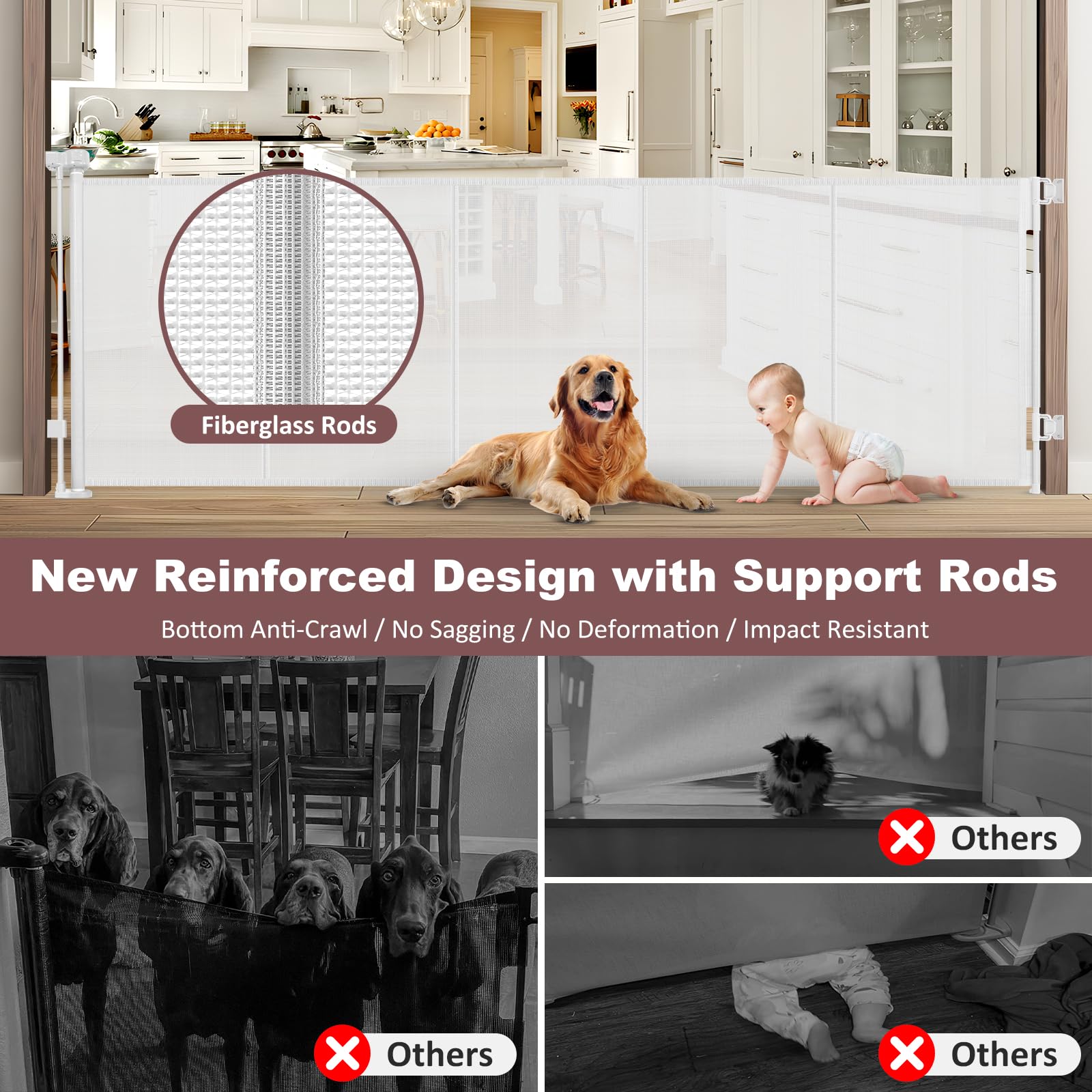 Reinforced 41'' Extra Tall Retractable Dog Gate 100'' Wide Retractable Baby Gates with Support Rods, Outdoor Retractable Gates f