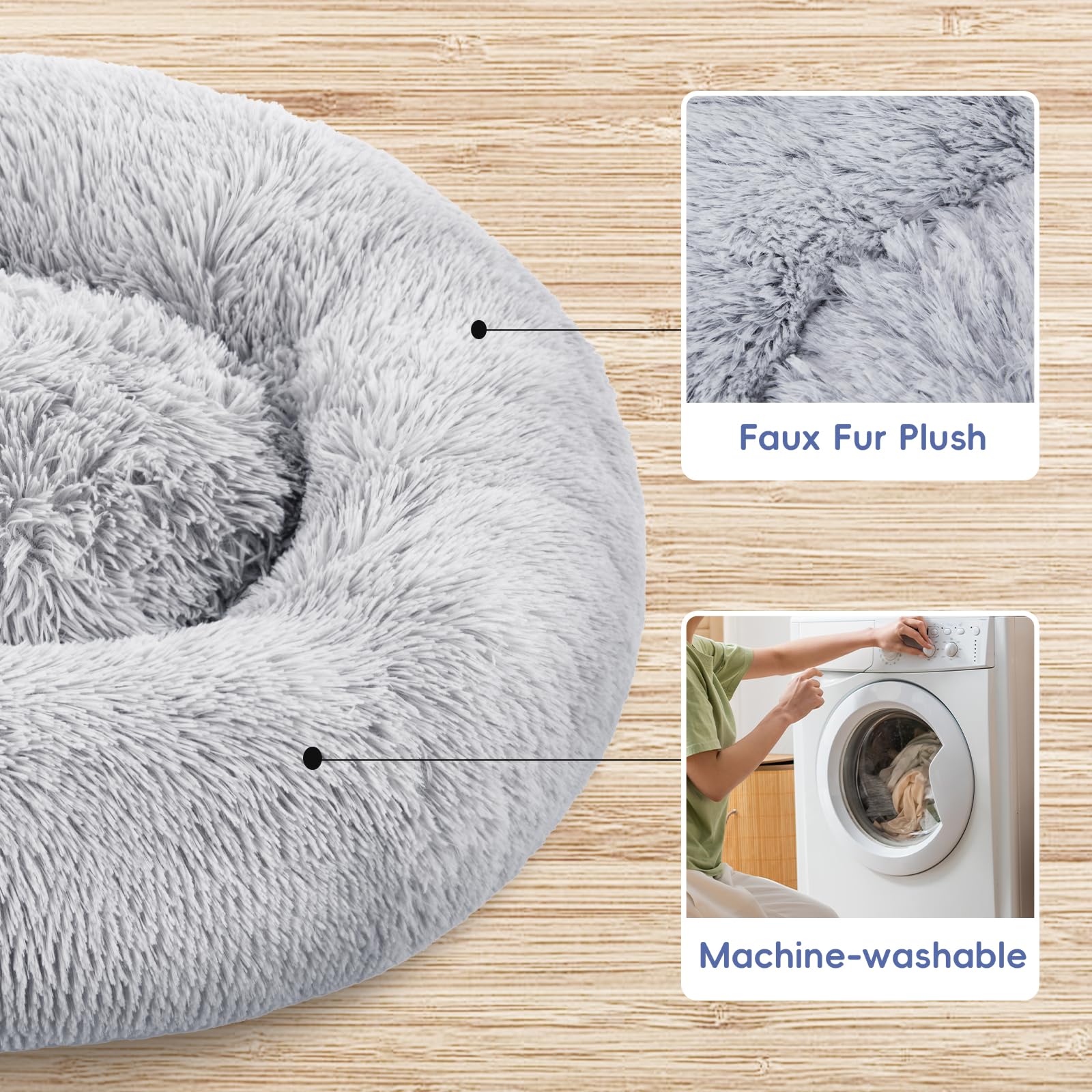 Fluffydream 24 Inch Donut Dog Bed, Calming Plush Fur Cuddle Bed For Dogs And Cats, Grey Washable Round