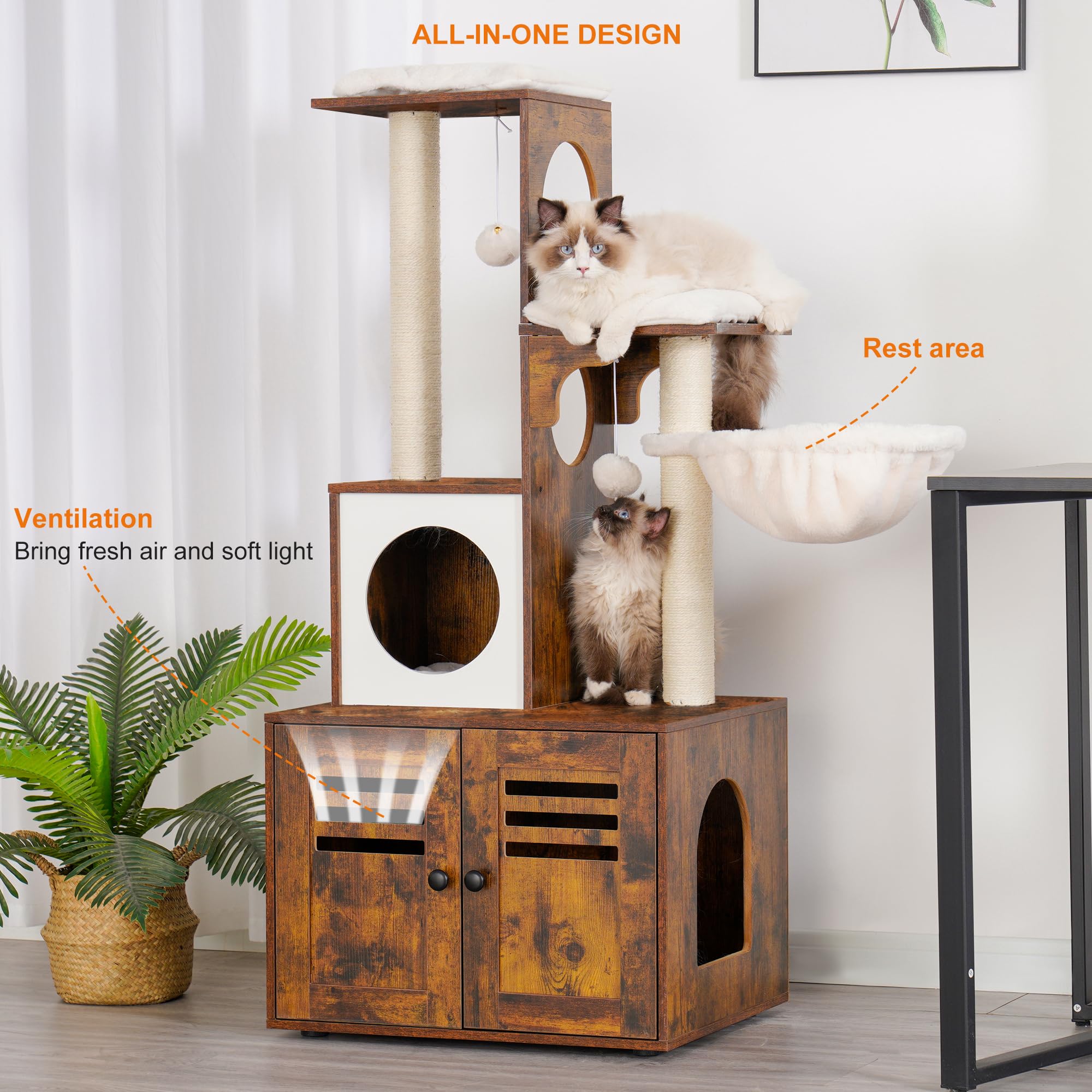 Heybly Cat Tree, Wood Litter Box Enclosure with Food Station, All-in-one Indoor Cat Furniture with Large Platform and Condo, Mod
