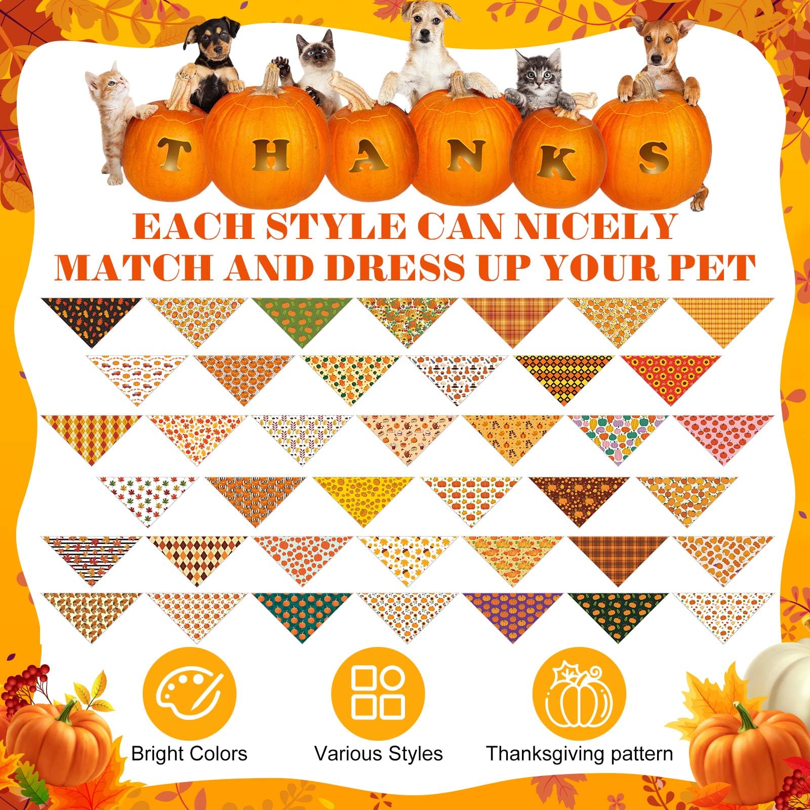 Sanwuta 120 Pcs Fall Thanksgiving Dog Bandanas Bulk, Dog Scarves for Small Medium Large Dogs Cats, Adjustable Triangle Pet Banda