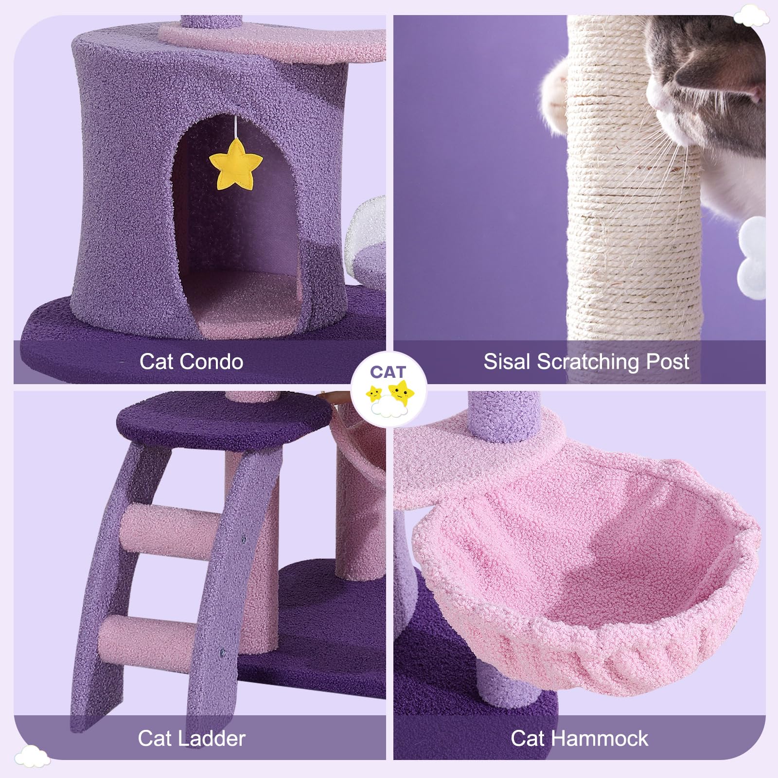 Lucky Monet Cute Cat Tower 65 Inches, Unique Cat Tree Large Tall For Indoor Cats, Purple Pink Cloud Big Cat Tree Cat Castle Mans