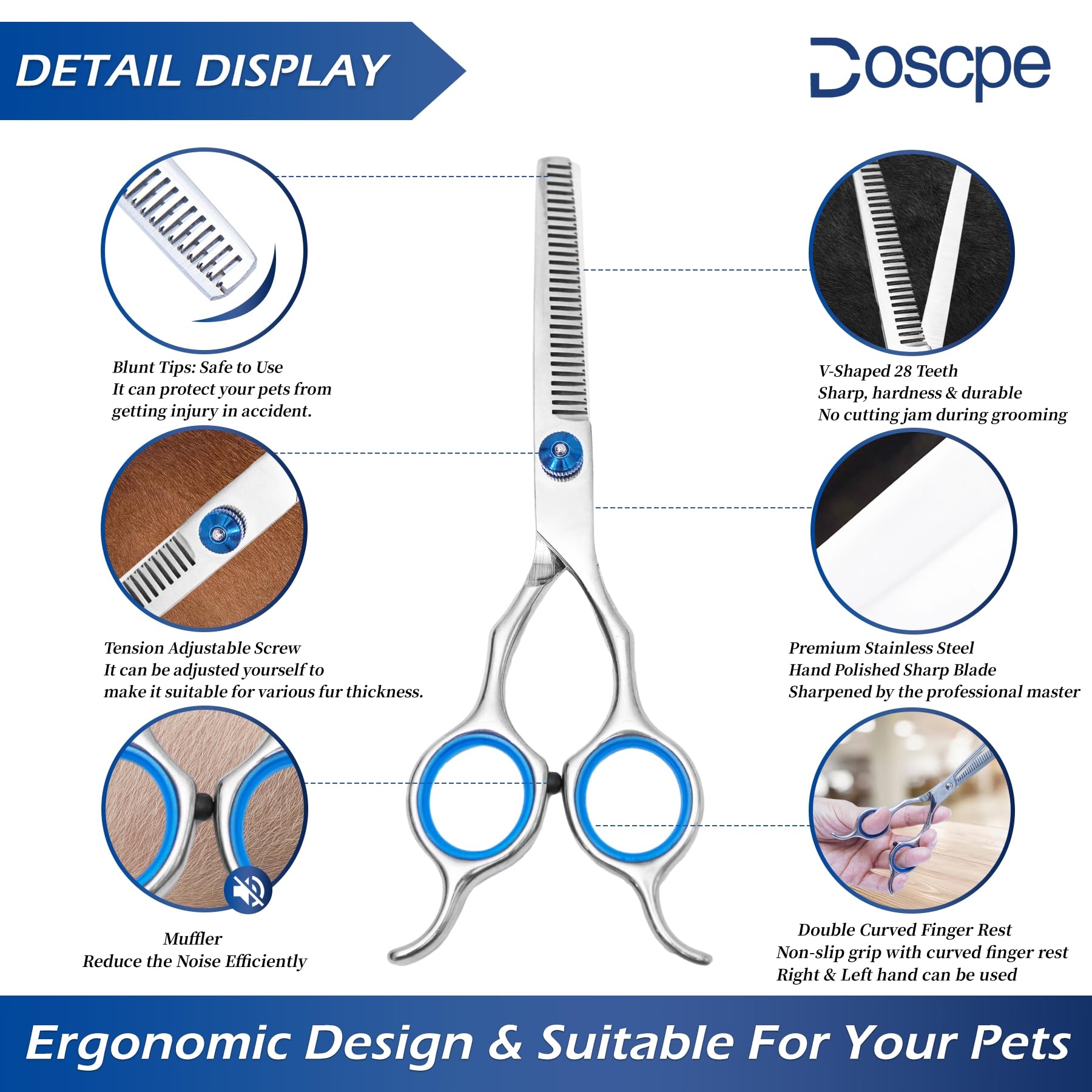 Dog Thinning Shears Professional Dog Grooming Scissors With Large Finger Hole For Pet Cat Hair Cutting Trimming Double Curved Fi