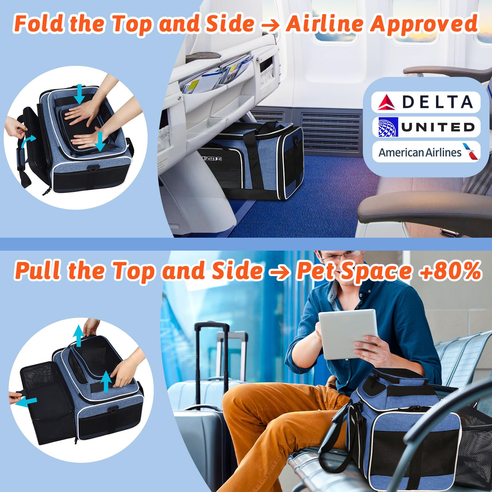 Petskd Top and Side Expandable Pet Carrier 18x11x11 Inches Delta United Airline Approved, Soft-Sided Carrier for Small Cats and