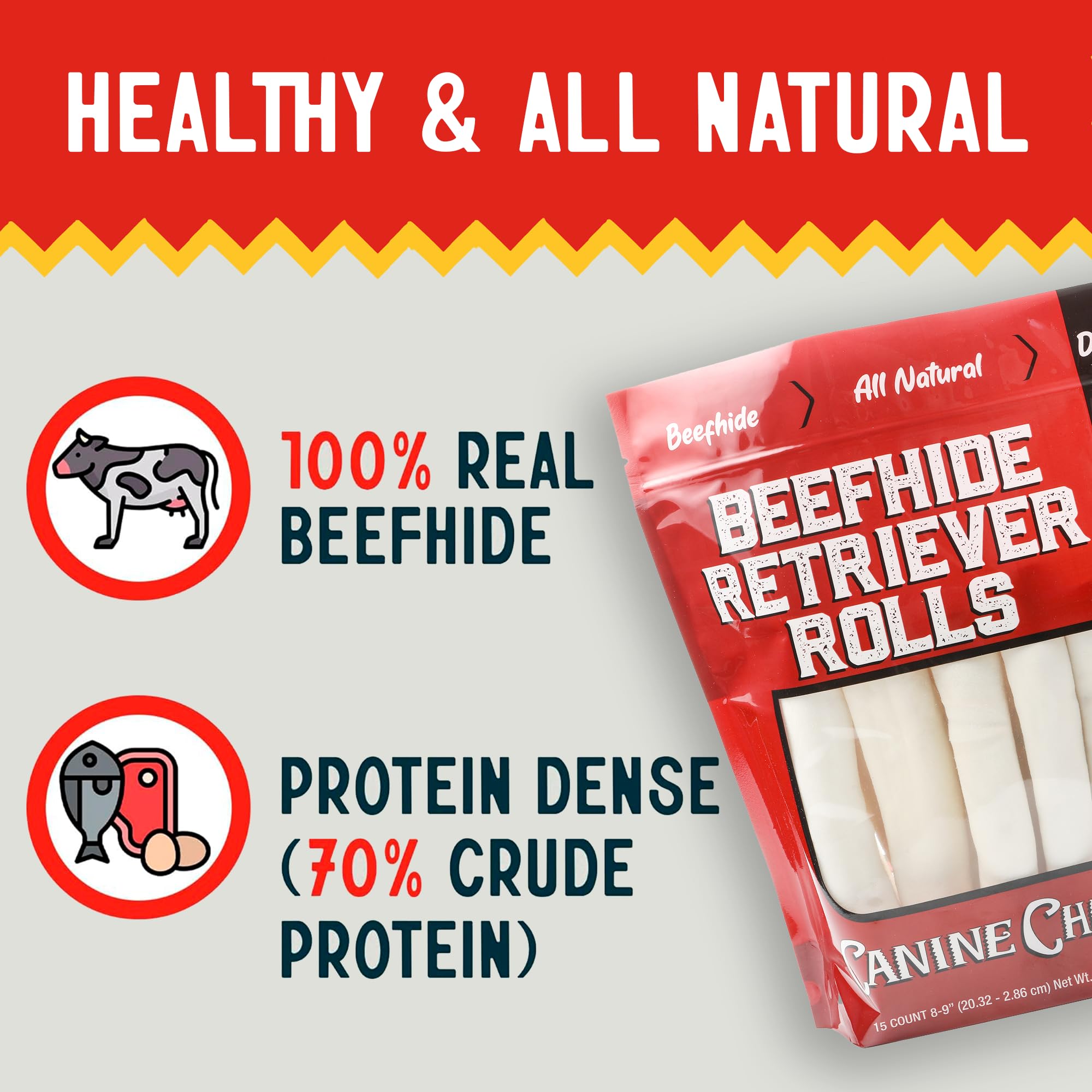 Canine Chews 8-9 Retriever Rolls for Large Dogs - Pack of 15 All-Natural Beef Hide Dog Chews for Aggressive Chewers - 3.7 lb.
