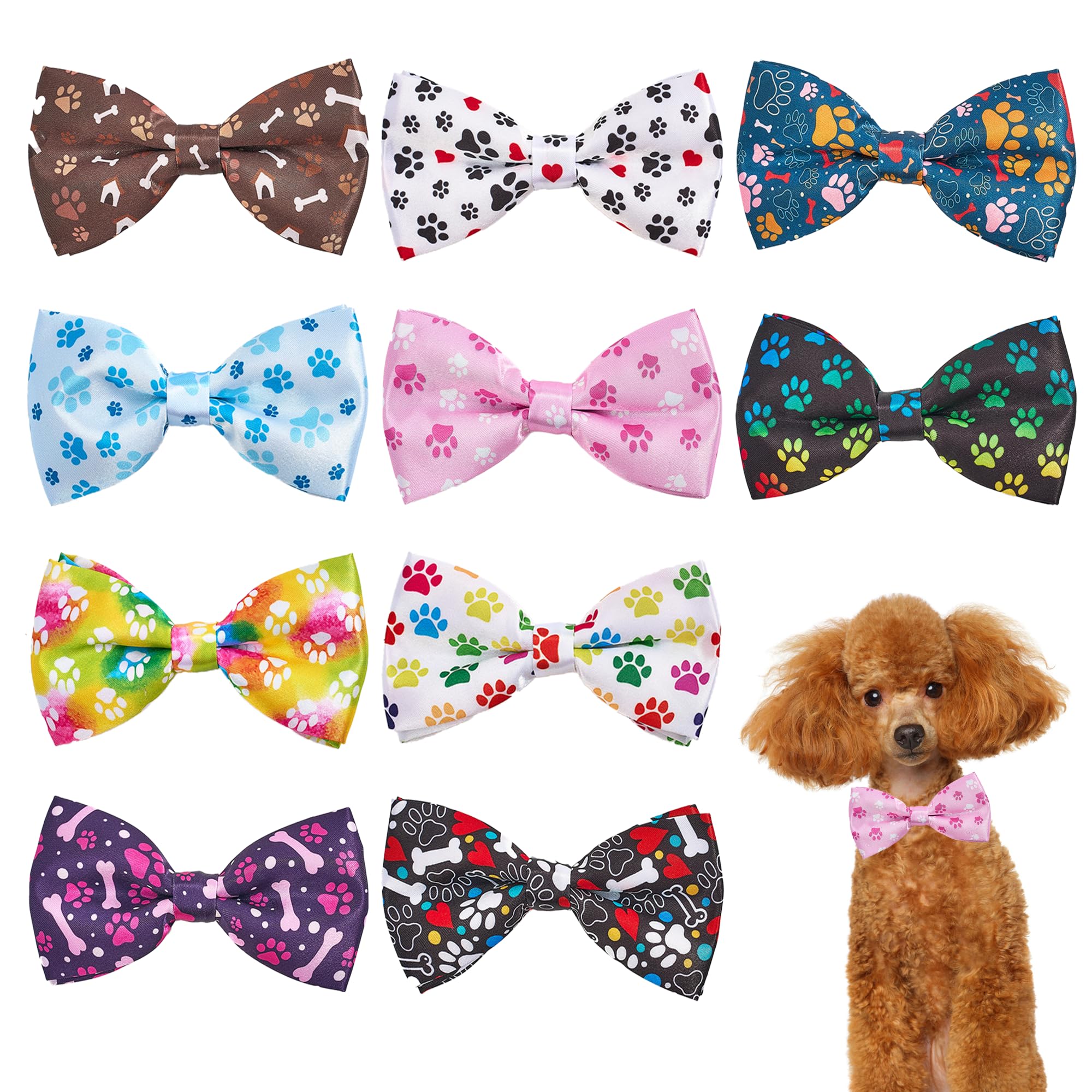 Pet Show 10Pcs Paw Pattern Small Dog Bow Ties For Medium Dogs Puppies Rabbit Cat Detachable Bowties With Elastic Bands Attach To