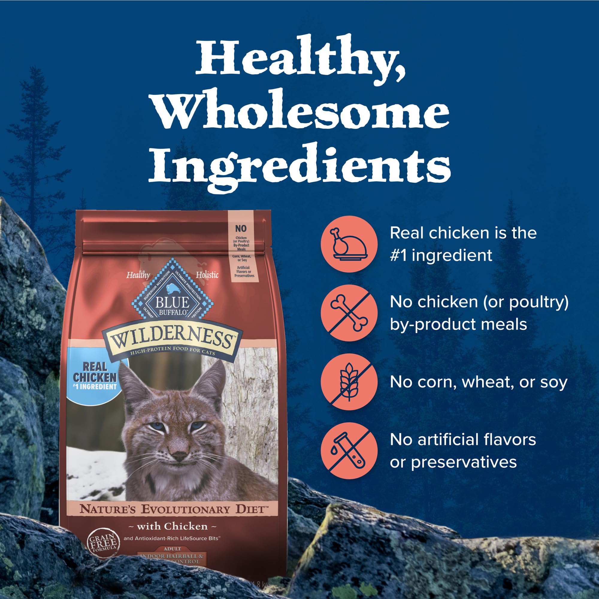 Blue Buffalo Wilderness High-Protein, Grain-Free Natural Dry Food for Adult Cats, Weight and Hairball Control, Chicken, 5-lb. Ba