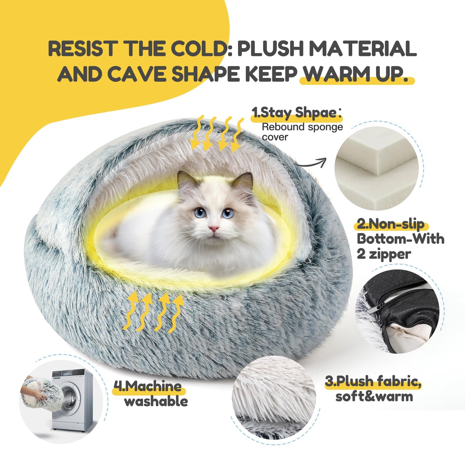 CATISM Cozy Cat Pod - Plush Hooded Cat Bed Cave, Self Warming, Removable Washable with Non-Slip Bottom