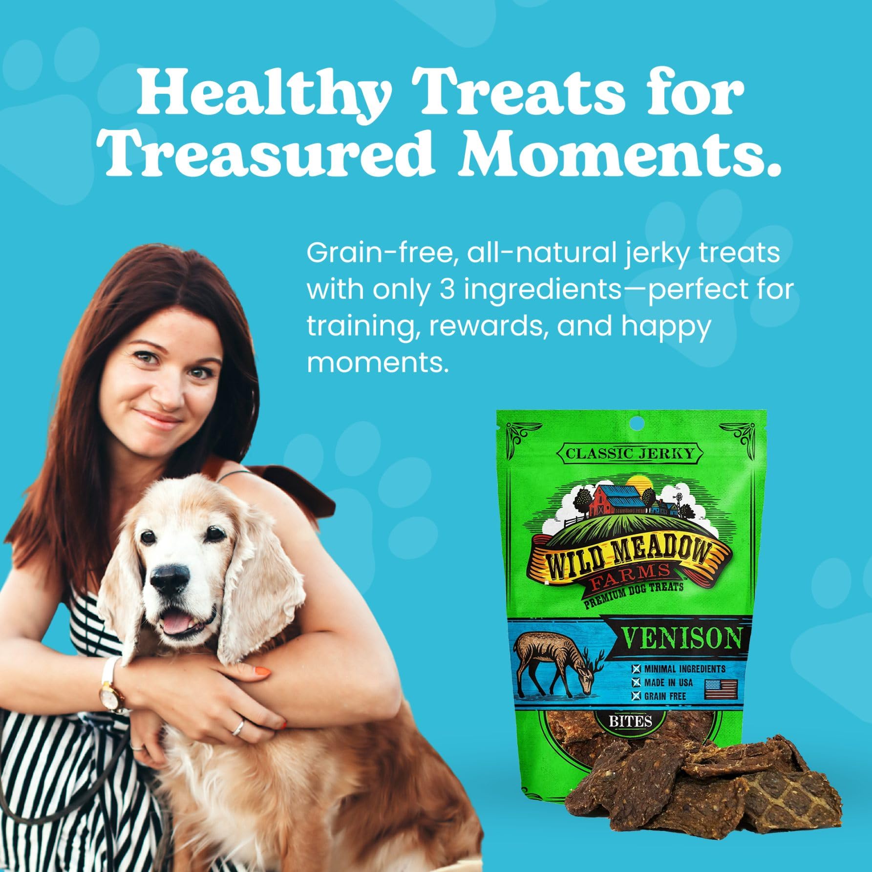 Wild Meadow Farms - Classic Venison Bites, Soft Jerky Treats for Dogs, Grain-Free & All-Natural, Ideal for Training, Portioning,