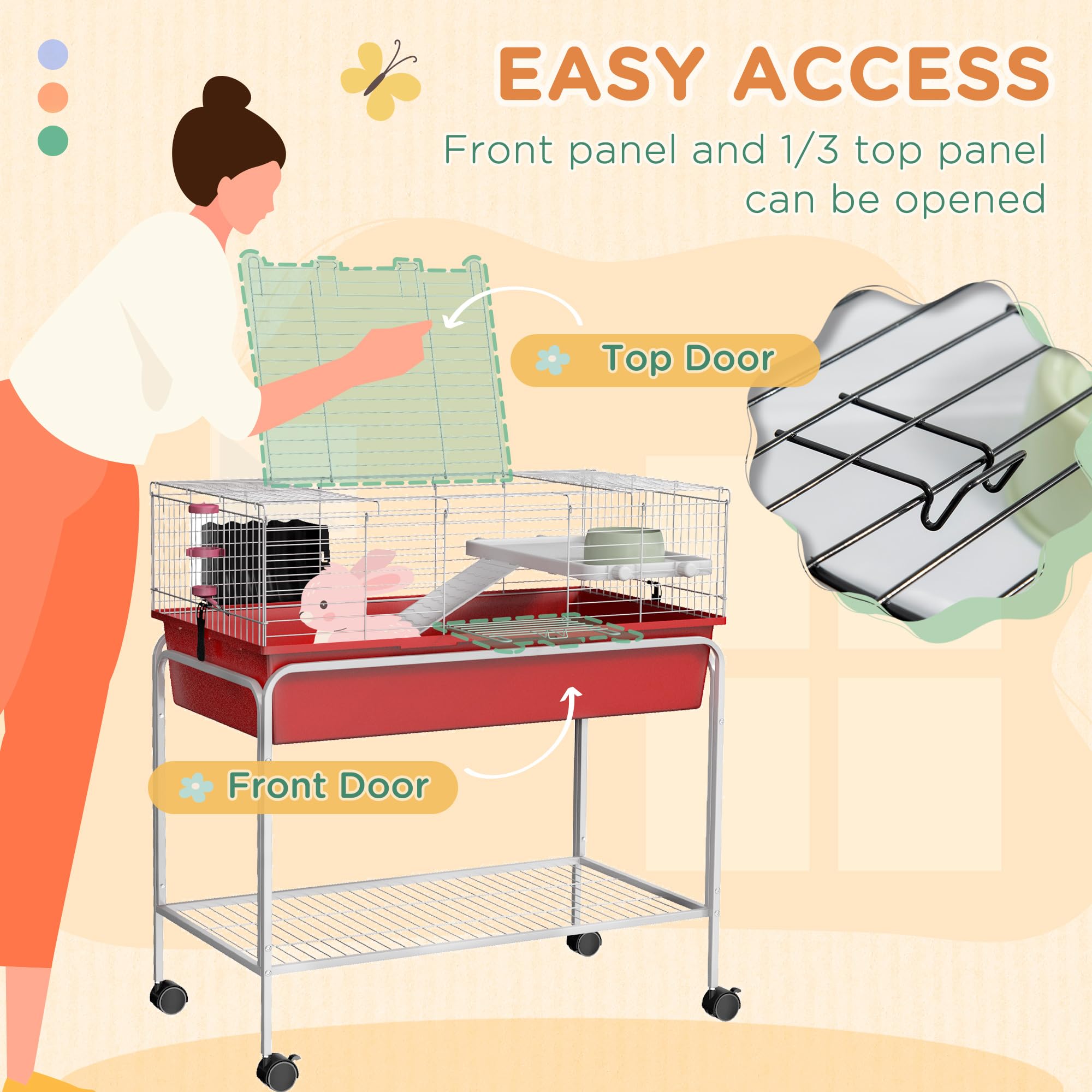 Pawhut Two- Story Small Animal Cage Removable From Stand, For Guinea Pig, Hedgehog, Chinchilla, Ferret, With Shelf & Wheels, Pet