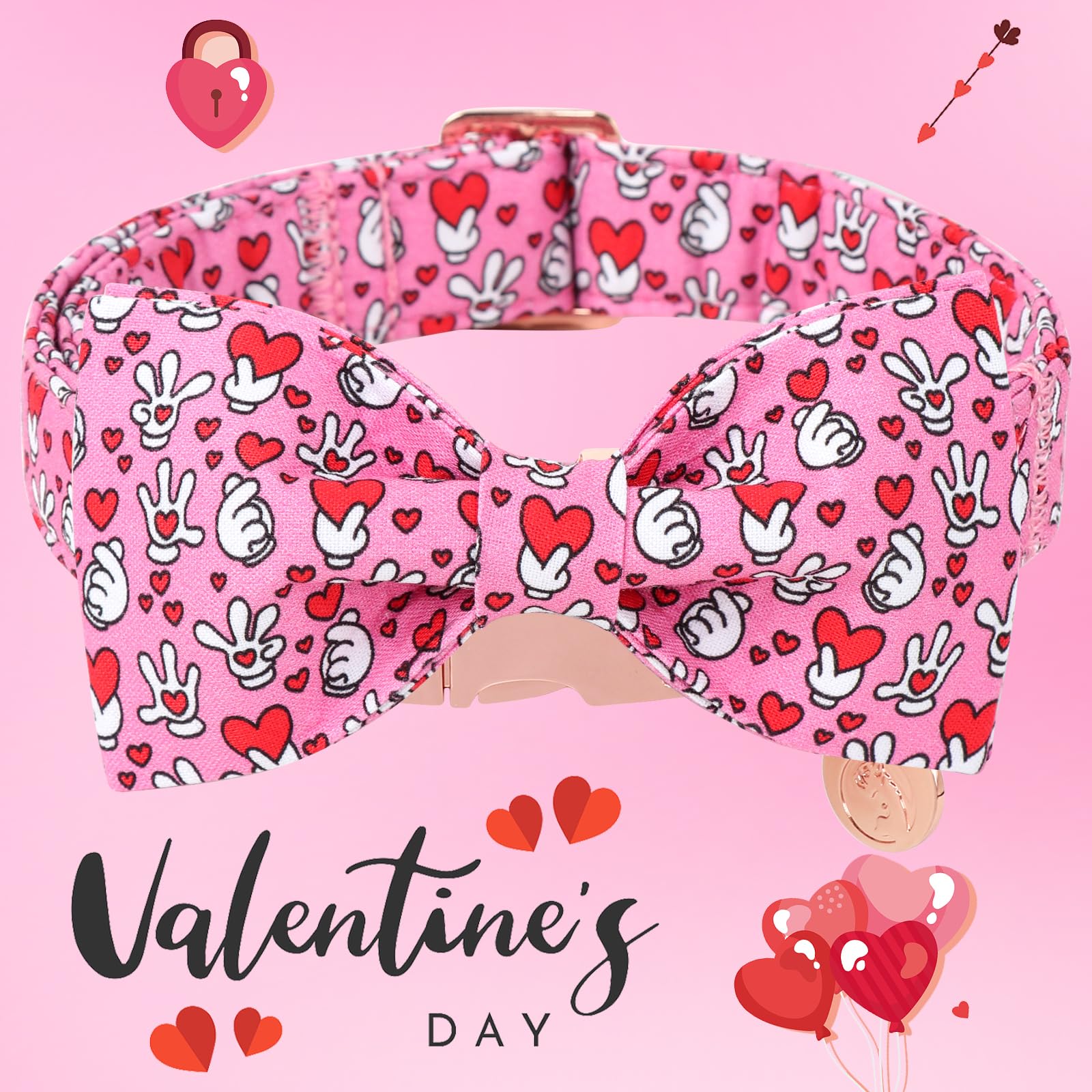 Dogwong Valentine Dog Collar With Bow, Pink Heart, Cotton, Xs, Unisex, Everyday Wear, Special Occasions