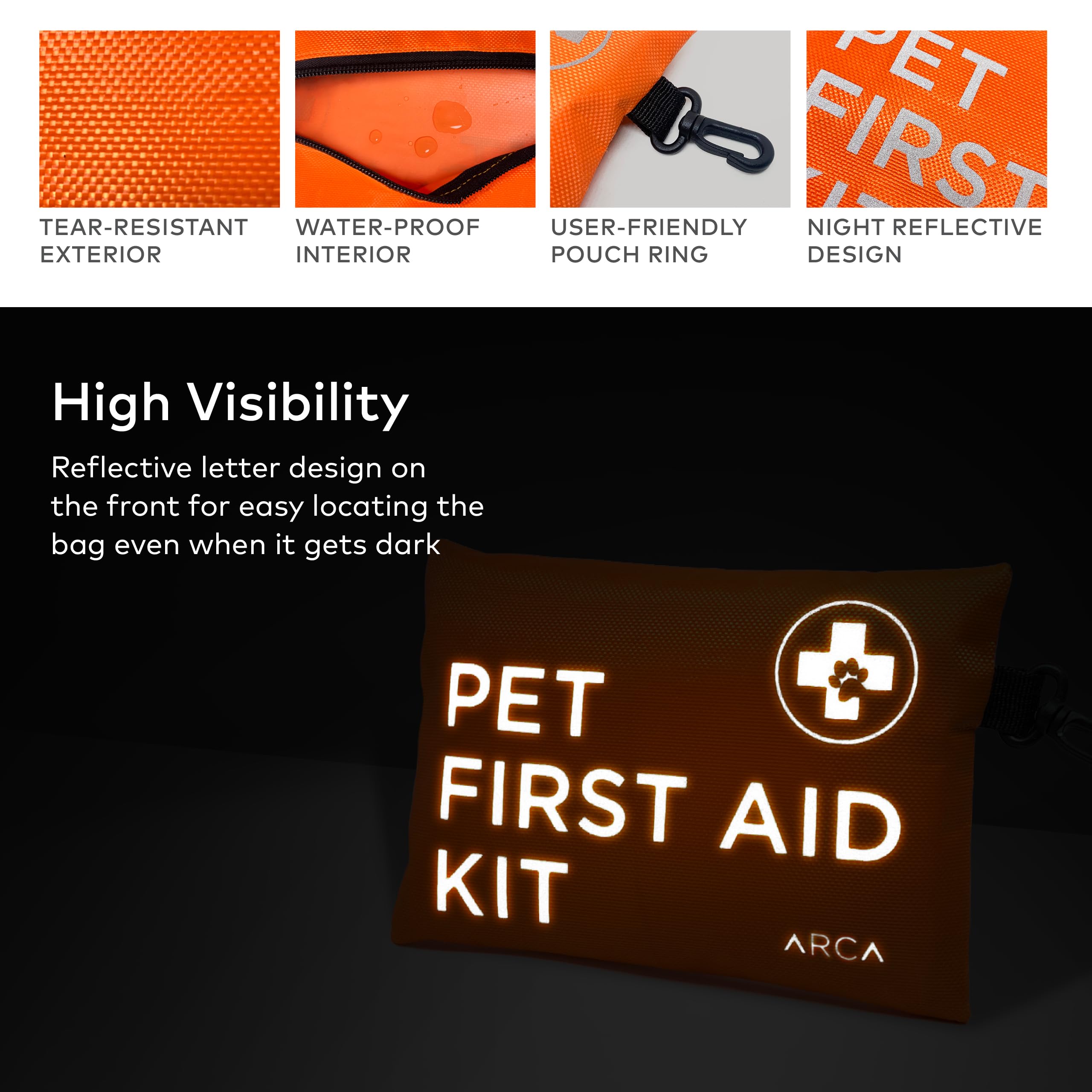 ARCA PET Dog First Aid Kit - Pet Emergency Kit - Water Resistant High Visibility Reflective First Aid Pouch Dog Camping Essentia