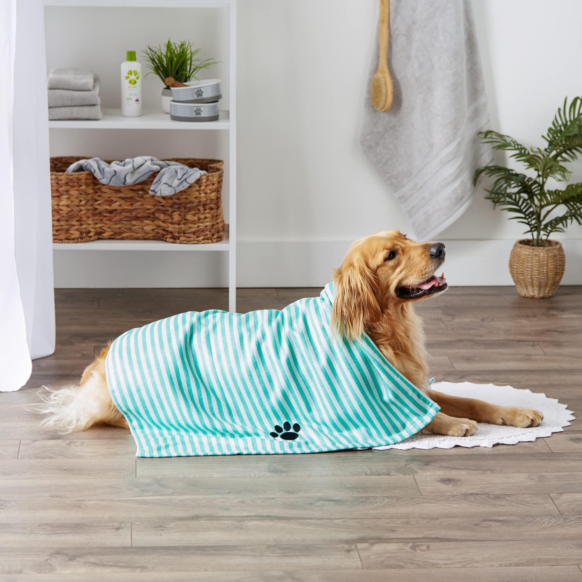 Bone Dry Pet Grooming Towel Collection Absorbent Microfiber X-Large, 41X23.5'', Striped Aqua