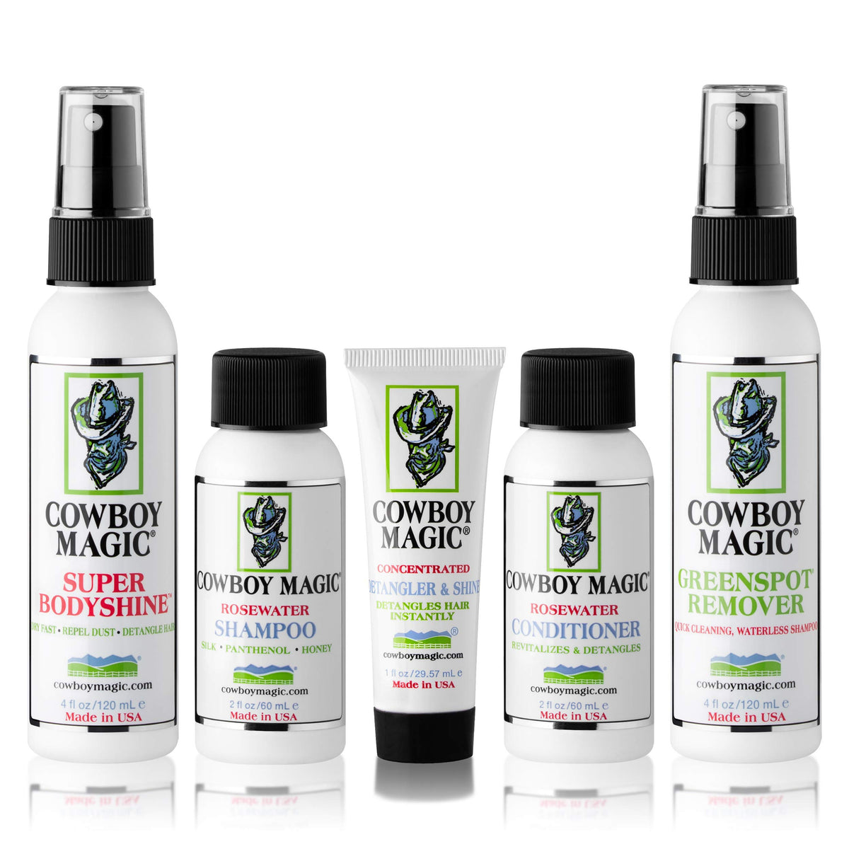 Cowboy Magic Shampoo, Conditioner, Detangler & Shine, Super Bodyshine, And Greenspot Remover Sampler Kit