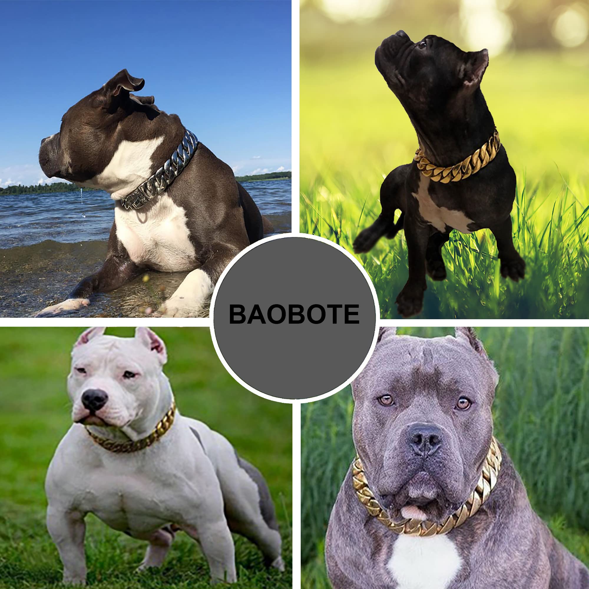 Baobote Gold Chain Dog Collar With Secure Snap Buckle,19Mm Cuban Link Dog Collar,Chew Proof Heavy Duty Pitbull Collar For Medium