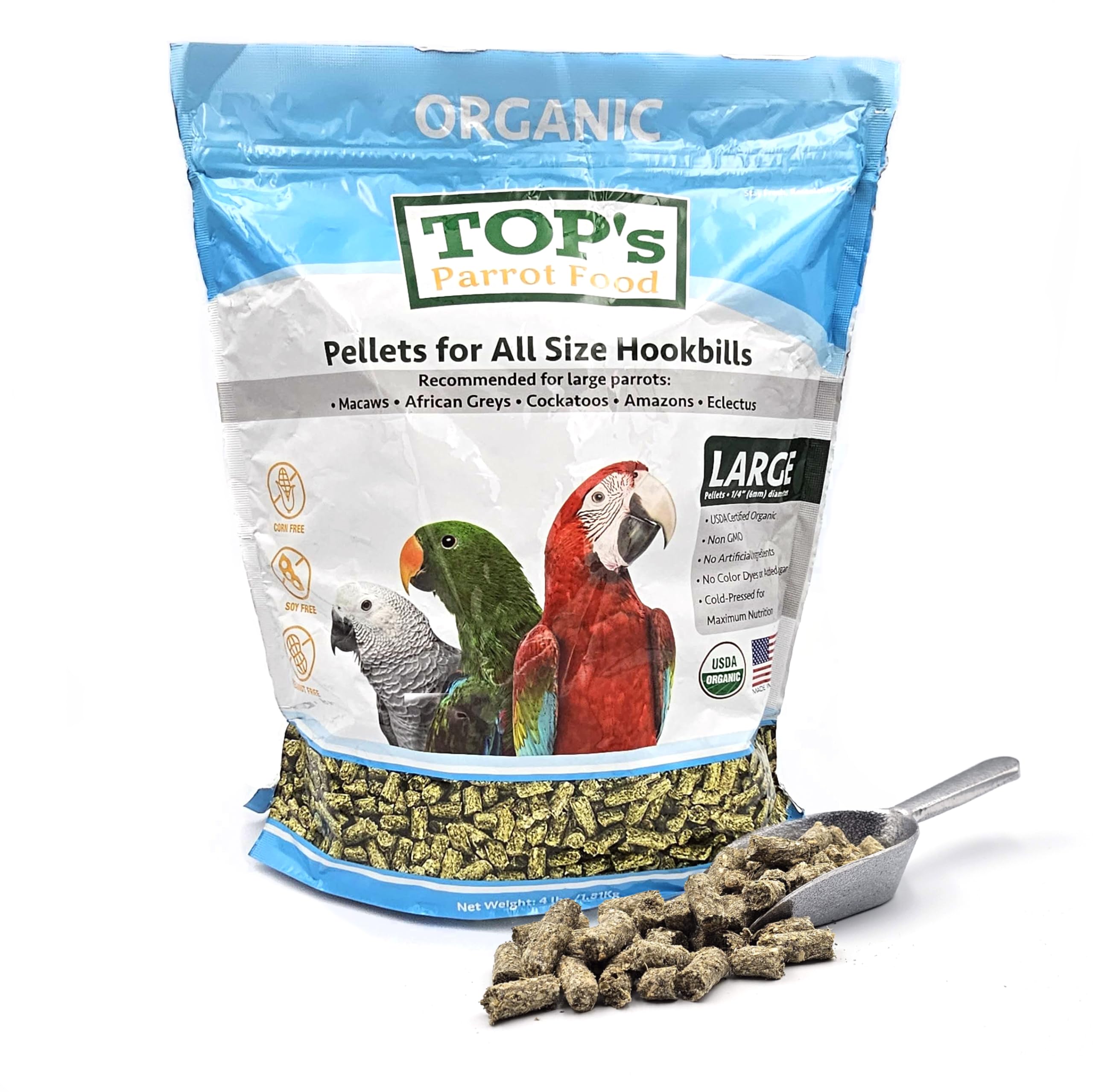 TOPs Parrot Food Pellets Hookbills, Small, Medium and Large Parrots - Non-GMO, Peanut Soy & Corn Free, USDA Organic Certified -