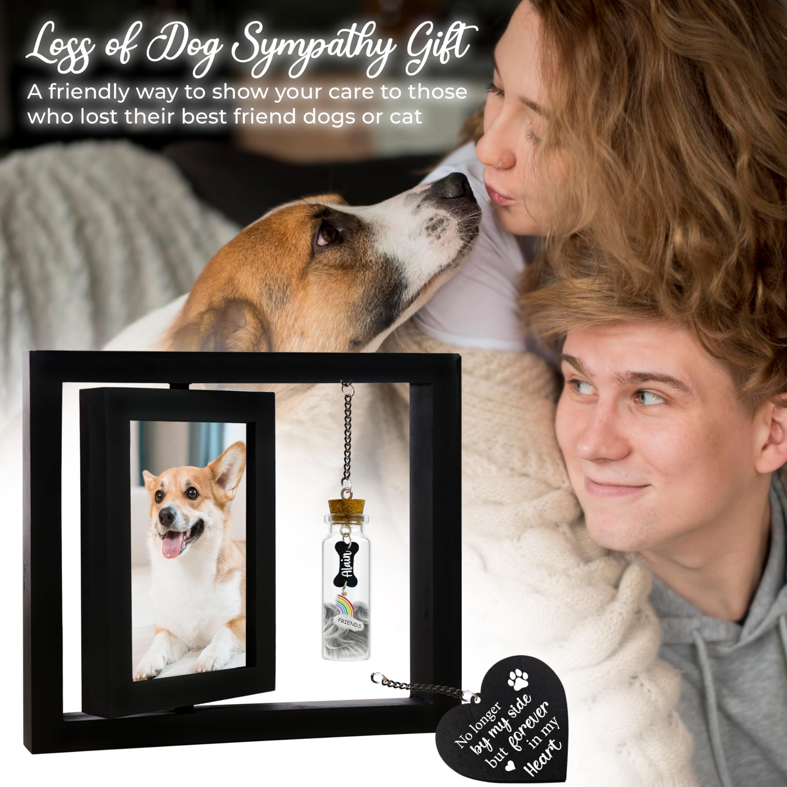 Dog Memorial Picture Frame 4X6 Photo Wooden Rotating, Pet Hair Keepsake Jar Rainbow Bridge, Dog Wooden Sculpture, Sympathy Gift