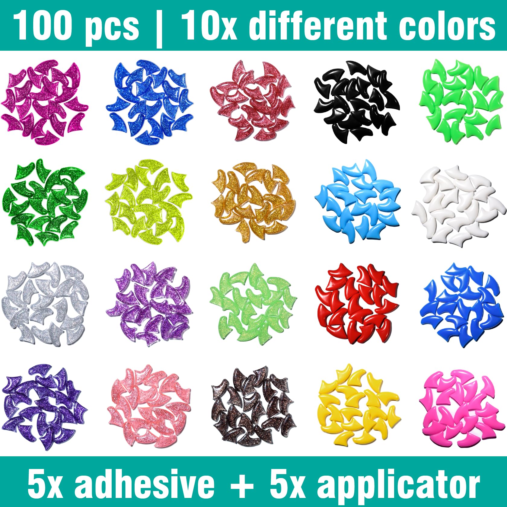 Miiouu 10X Colors / 100 Pcs Cat Nail Caps | Cat Claw Covers With Adhesives And Applicators | Alpha (S)