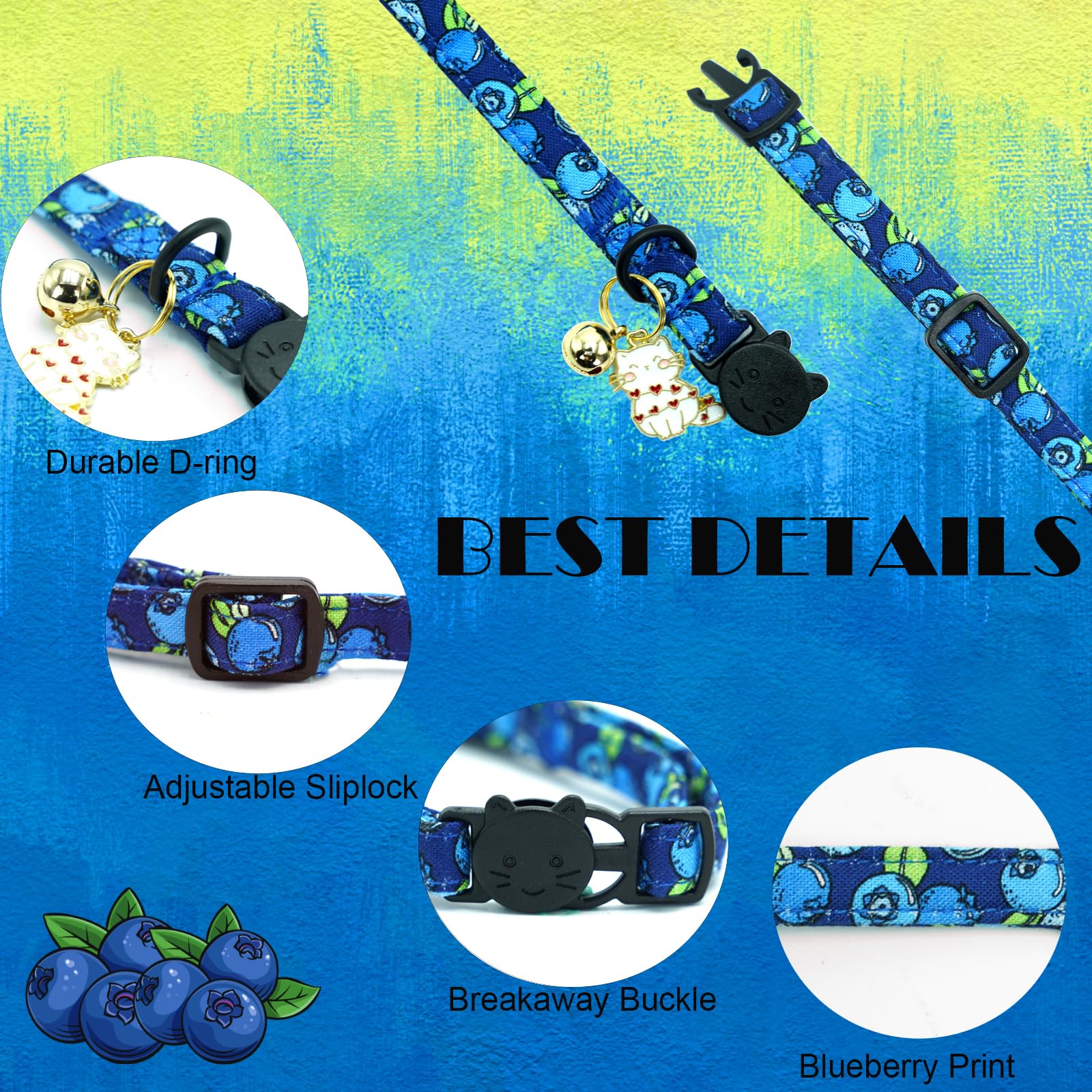 Elegant Little Tail 2 Pack Cat Collar- Blueberry Cotton Breakaway Cat Collars With Bell Pendant Kitten Boy Girl Safety Adjustabl