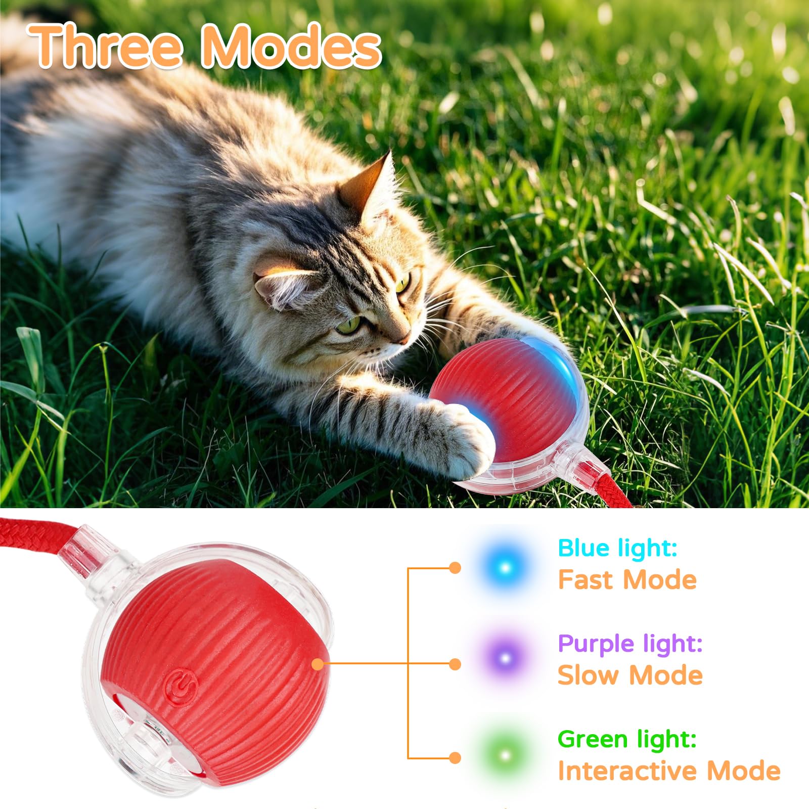 Goosheep 2025 New 2Pack Cat Ball Kitten Toys For Indoor Interactive Kitty Ball Toy Speedy Tail 360 Automatic Rolling(Red Grey)