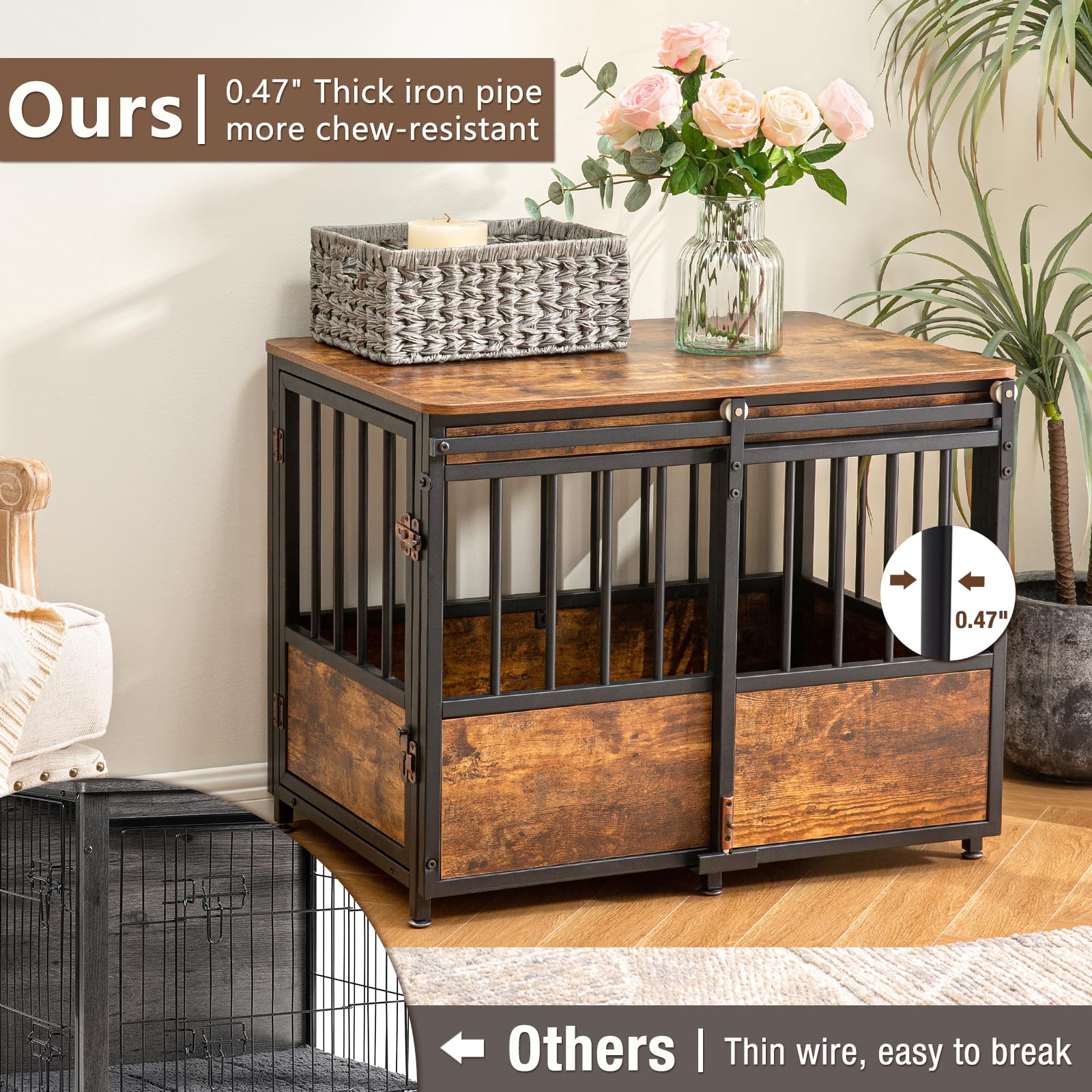 KOOPRO 32" Wooden Dog Crate Furniture, Heavy Duty Indoor Kennel, Rustic Brown, Double Doors, Model KO230501-000S-01