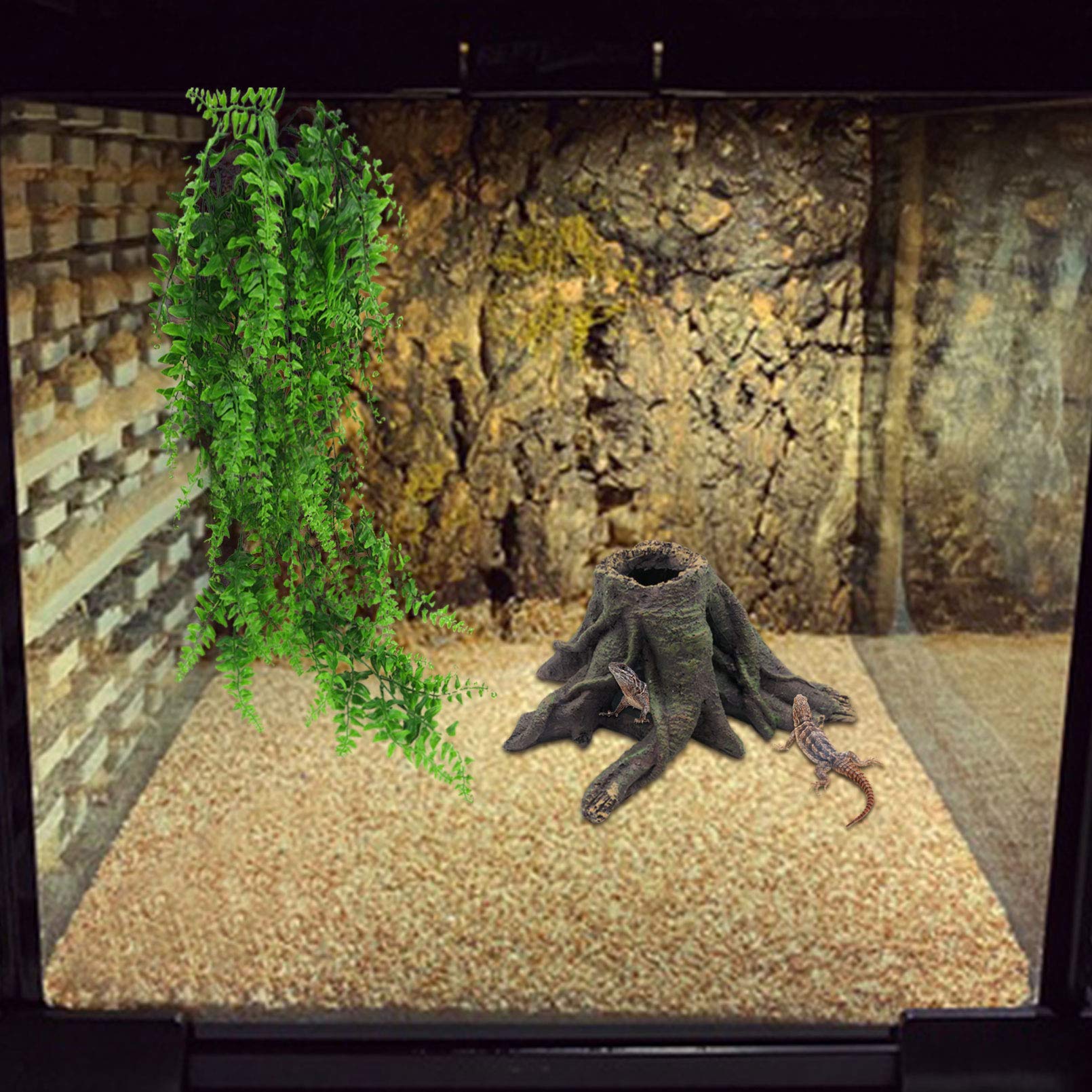 PINVNBY Bearded Dragon Tank Accessories,Crested Gecko Tree Stump Decorations Resin Reptile Hollow Tree Root Habitat Hideouts Cav