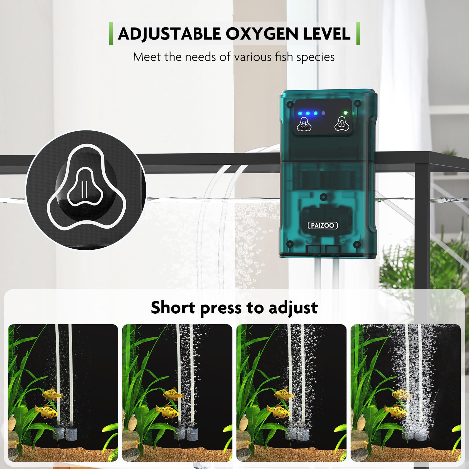 PAIZOO Aquarium Air Pump, Fish Tank Aerator Dual Outlets Battery Powered, Quiet Rechargeable Oxygen Pump with Accessories for 5-