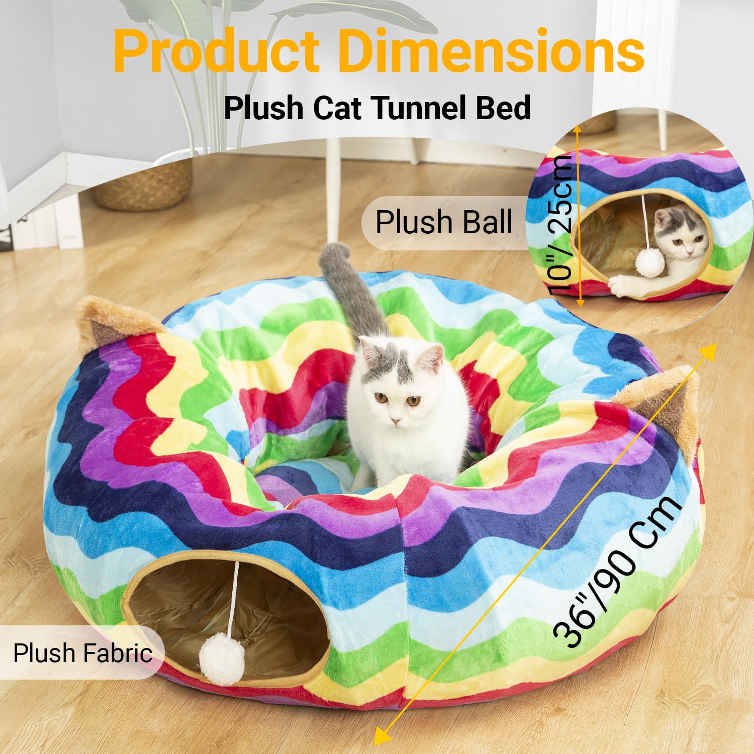 Luckitty Large Cat Tunnel Bed With Plush Cover,Fluffy Toy Balls, Small Cushion And Flexible Design- 10 Inch Diameter, 3 Ft Lengt