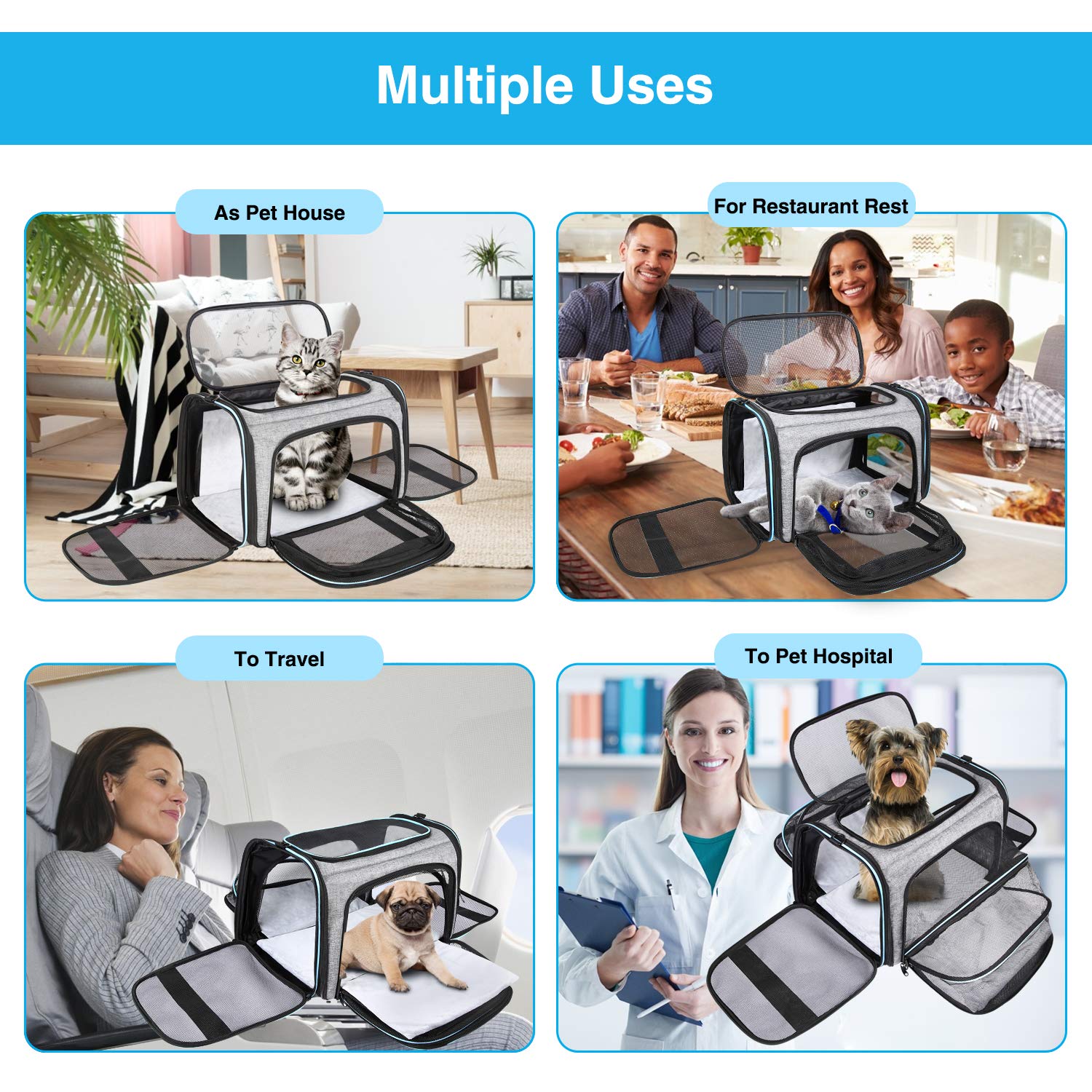 Maskeyon Airline Approved Portable Pet Carrier 2 Sides Expandable Soft-Sided Large Cats Carrier Collapsible Kennel Travel Tsa Carrier 4 Doors With Removable Pads And 3 Pockets For Puppy Small Dogs