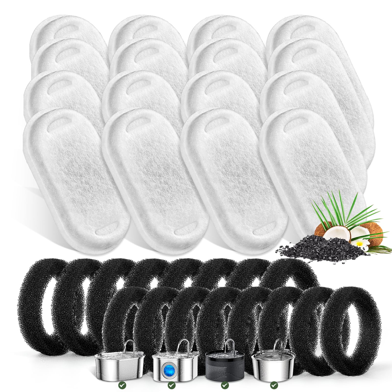 Cat Water Fountain Filters For Stainless Steel 67Oz/2L Adjustable Water Flow Pet Fountain, 16 Pack Pet Replacement Filters With 