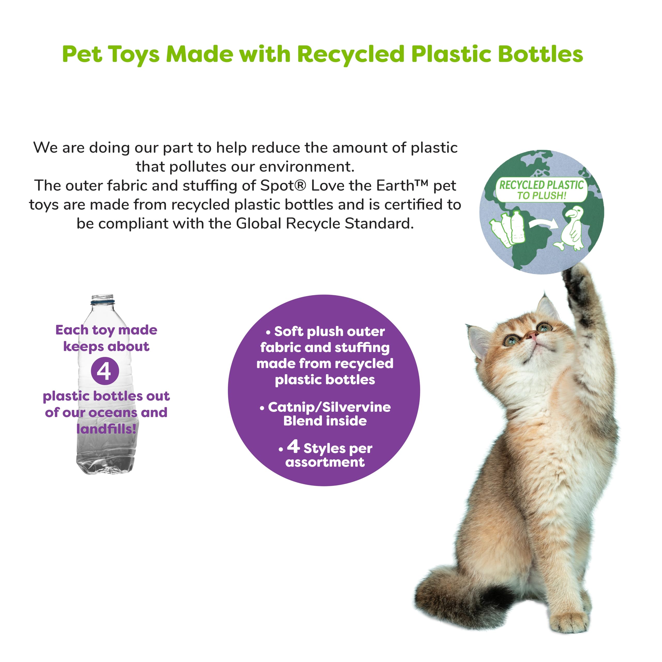 Spot Love The Earth Butterfly Cat Toy - Eco Friendly Catnip Toy Made With Recycled Plastic Bottles, Soft, Plush, Bright Colored