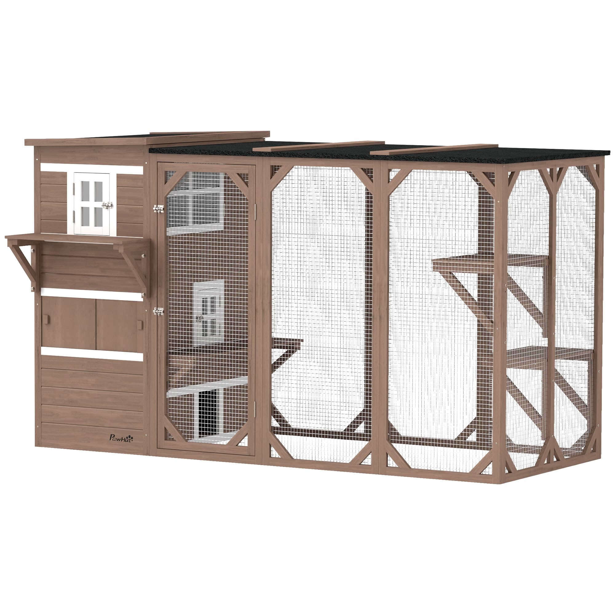 PawHut Catio Outdoor Cat Enclosure, Large Wood Kitten Cat House Enclosure with 3-Level Design, Weatherproof Roof, Big Hiding Are