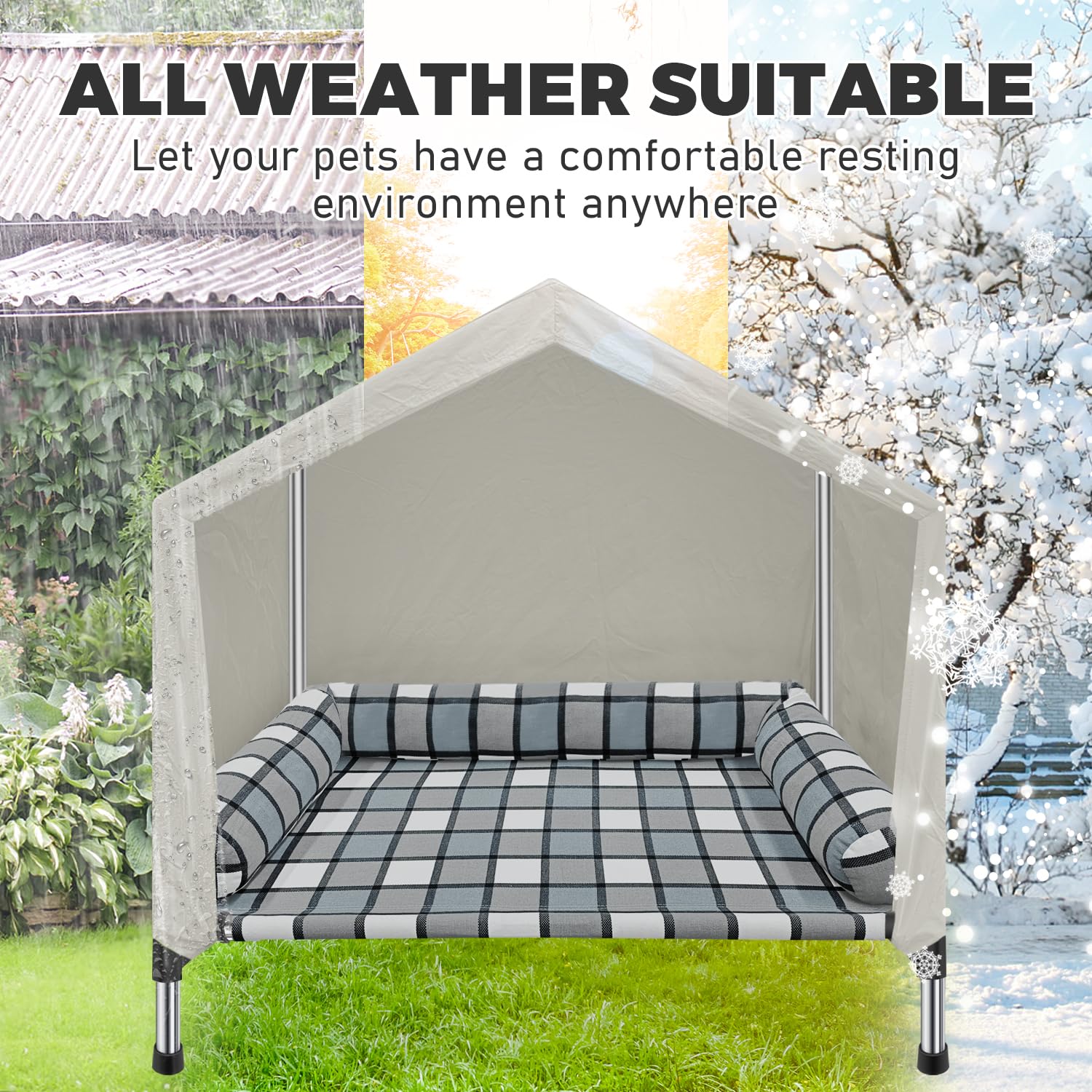 Elevated Dog Pet Bed House - Weatherproof 2-In-1 Indoor Outdoor Pet Cot With Canopy Cooling Portable Raised Dog Bed With Pillow