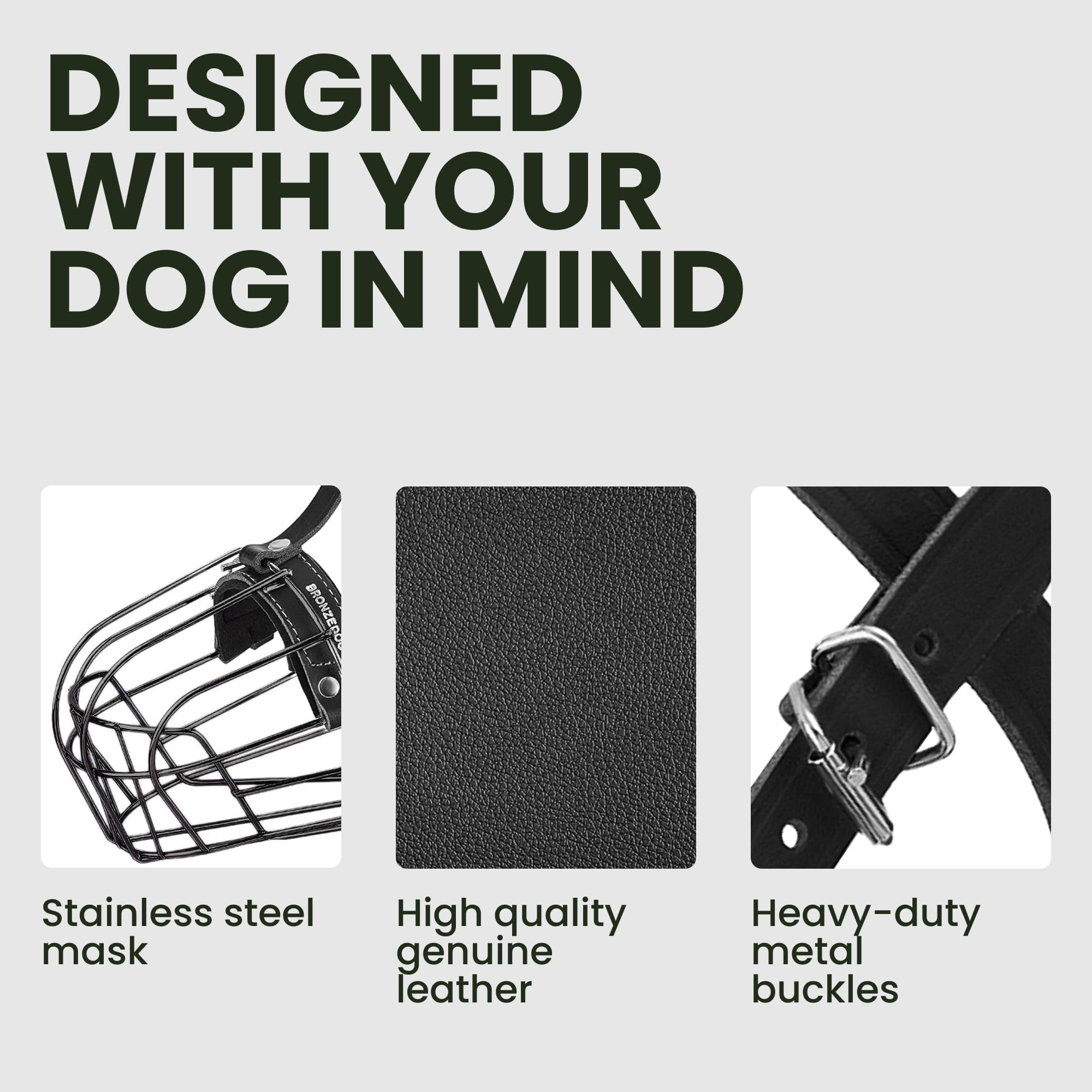 BRONZEDOG Dog Muzzle Adjustable Durable Metal Wire Basket for Large and Extra Large Dogs with Leather Straps Breathable, Drinkab