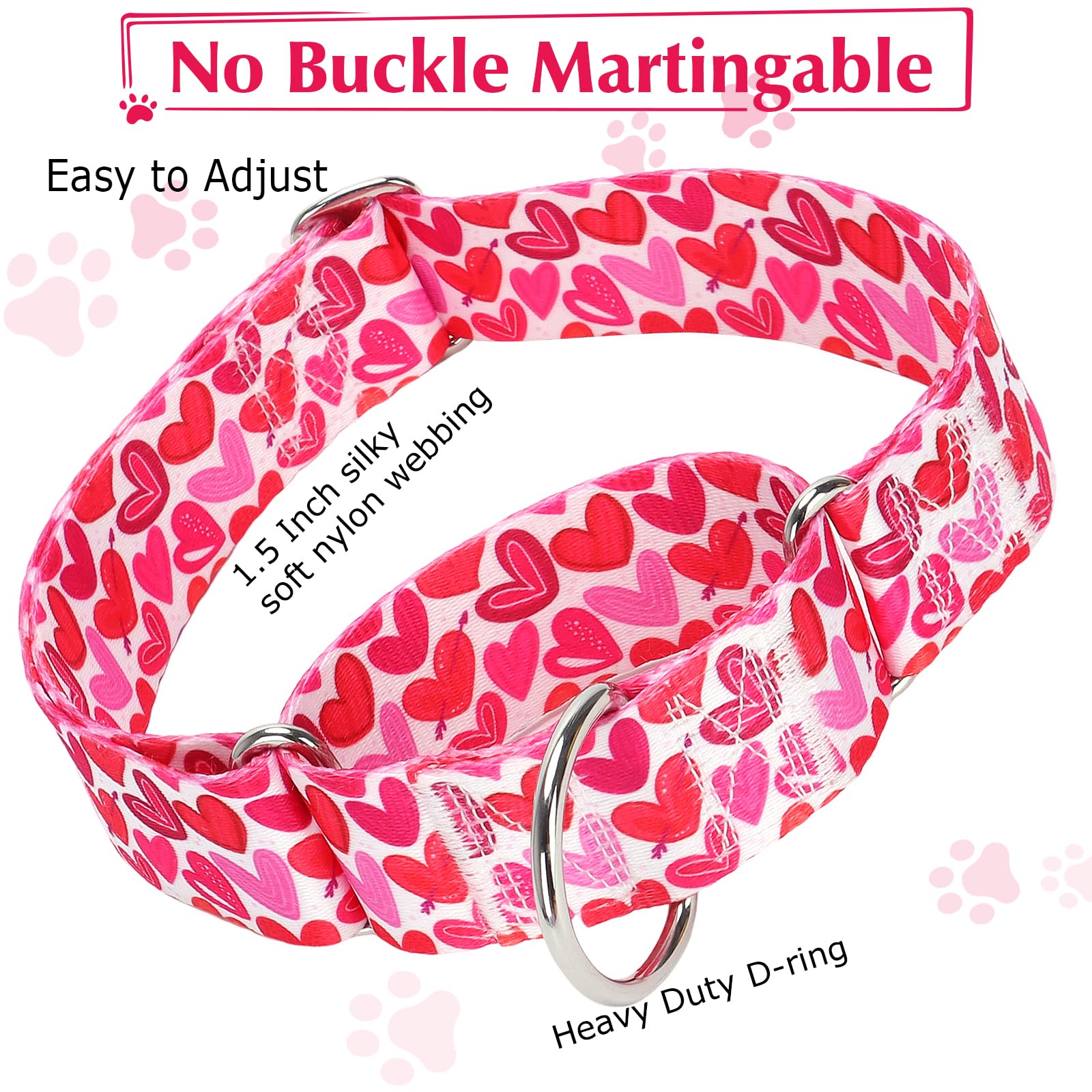 1.5 Inch Wide Martingale Dog Collar,Valentine'S Day Dog Collar Cute Loving Heart Printed Collar For Medium Large Extra Large Dog
