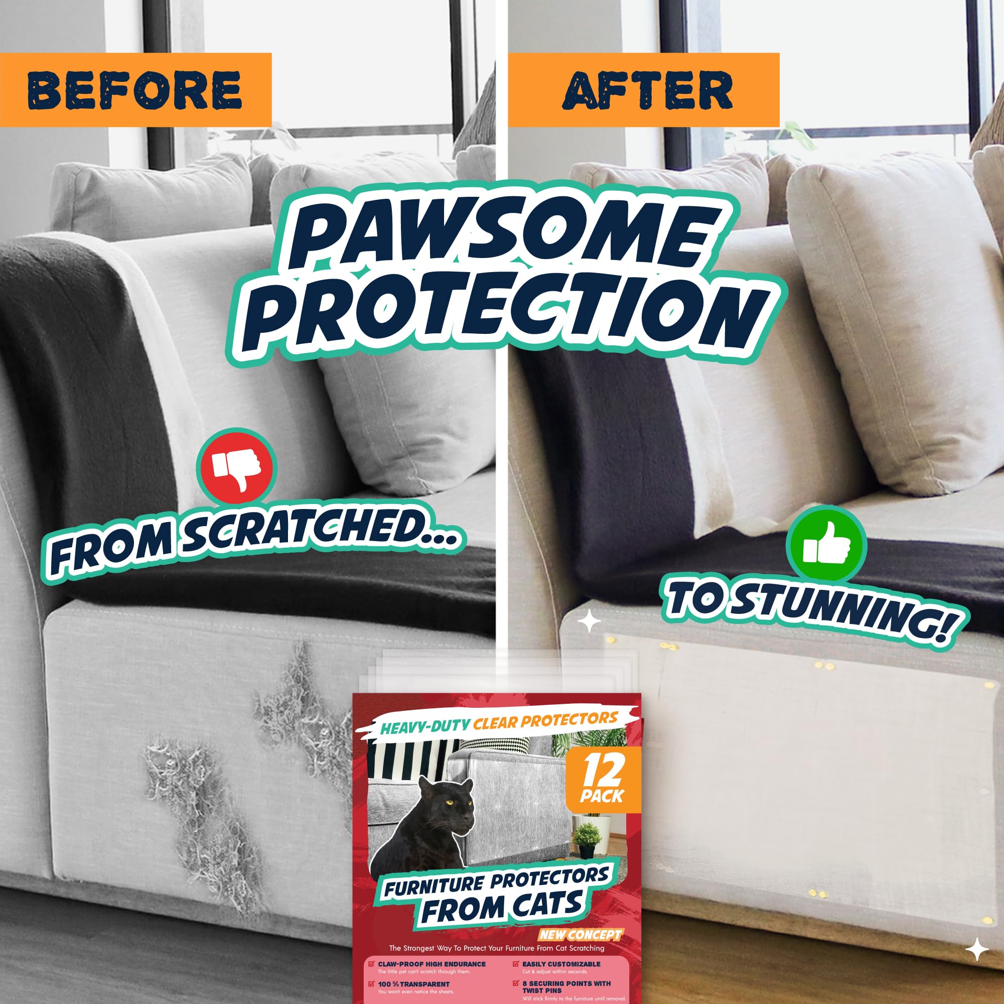 Panther Armor 12-Pack Furniture Protectors From Cats Scratch - Anti Cat Couch Guards - Sofa Corner Scratching Training Tape Deterrent