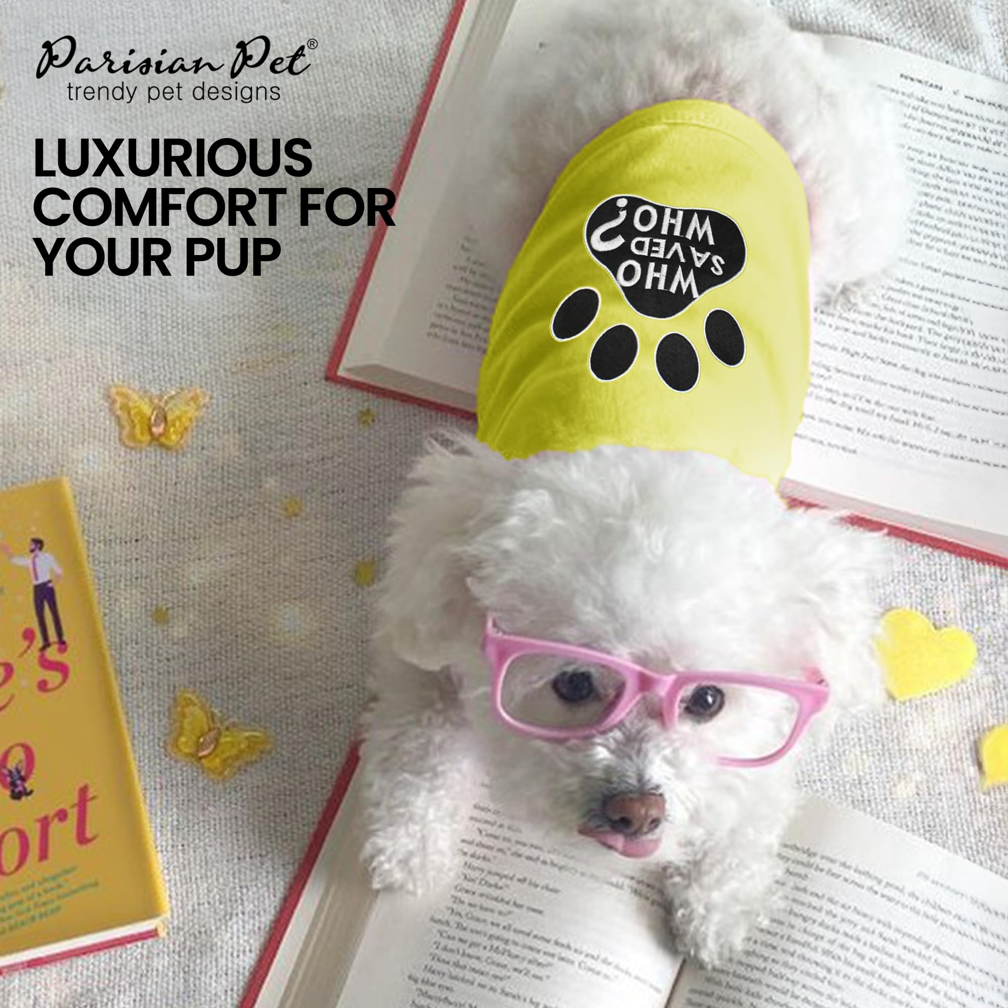 Parisian Pet Dog Tshirt - Embroidered  Who Saved Who  Tank Top - Skin Friendly Dog Clothes - Yellow Sleeveless Tee Shirts - Mach