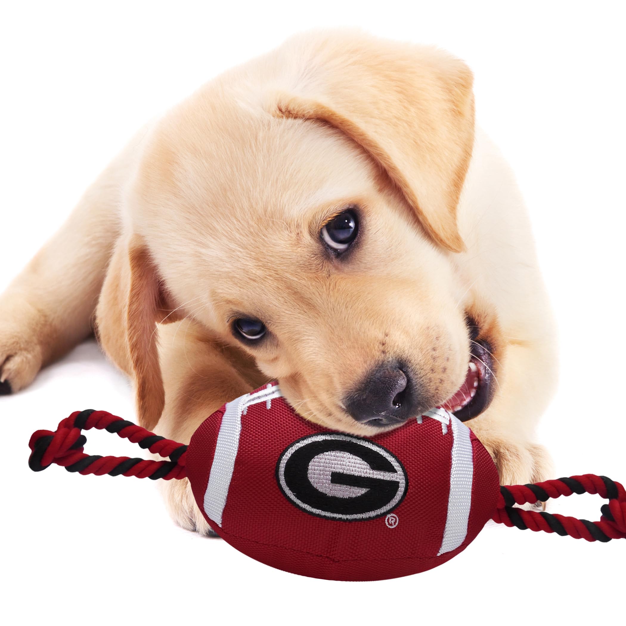 Pets First NCAA Georgia Bulldogs Football Dog Toy, Tough Quality Nylon Materials, Strong Pull Ropes, Inner Squeaker, Collegiate