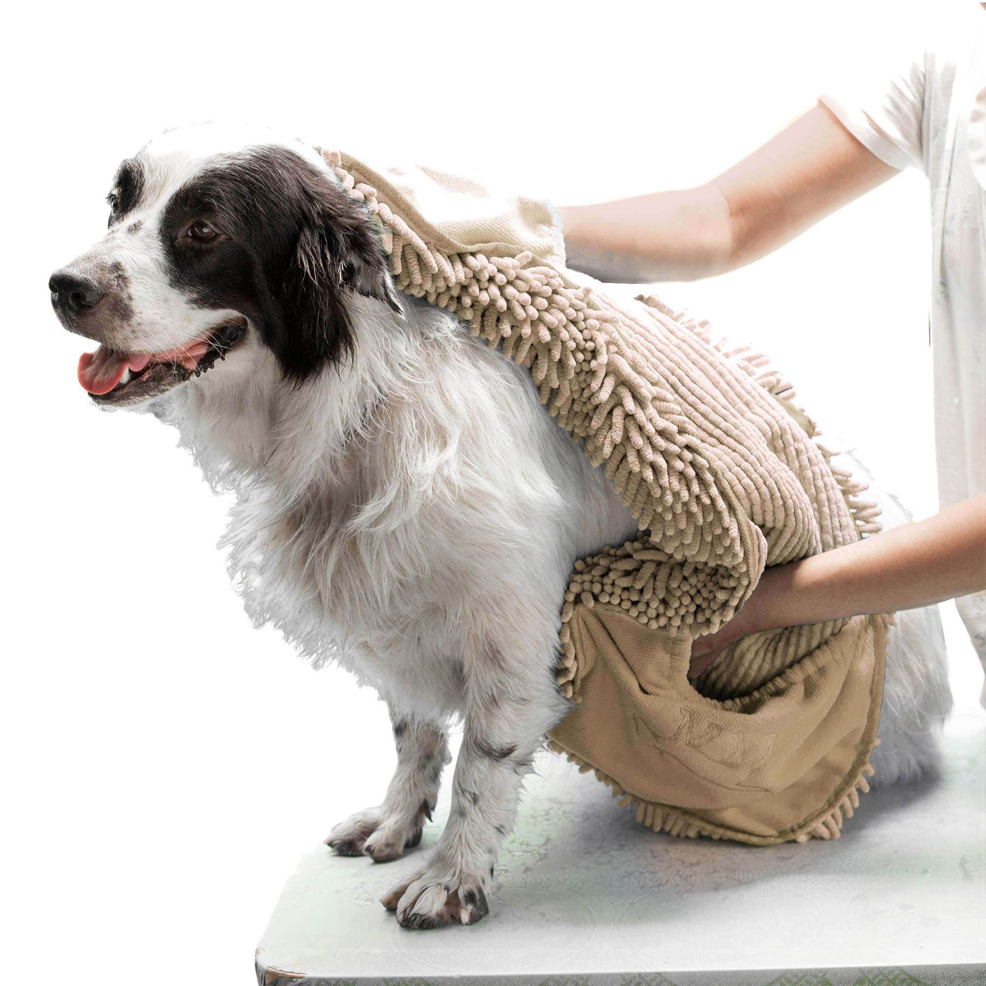 Tuff Pupper Quick Dry Towel For Dogs | Ultra Absorbent Microfiber Shammy | Extra Large 35X15 Size For All Breeds | Comfortable Hand Pockets | Indoor Outdoor Use | Durable Material | Machine Washable