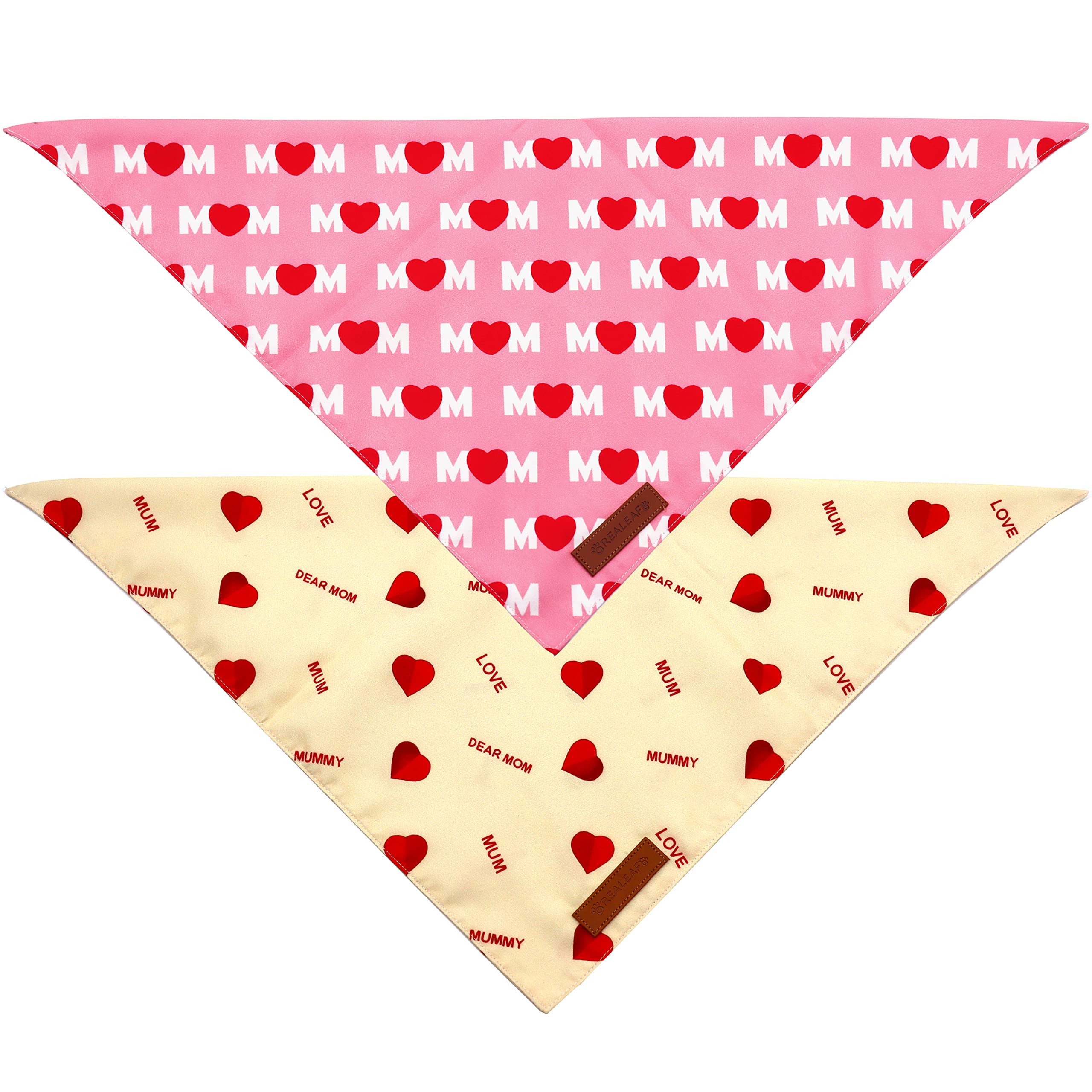 Realeaf Mothers Day Dog Bandanas 2 Pack, Reversible I Love My Mom Pet Scarf For Boy And Girl, Premium Durable Fabric, Valentines