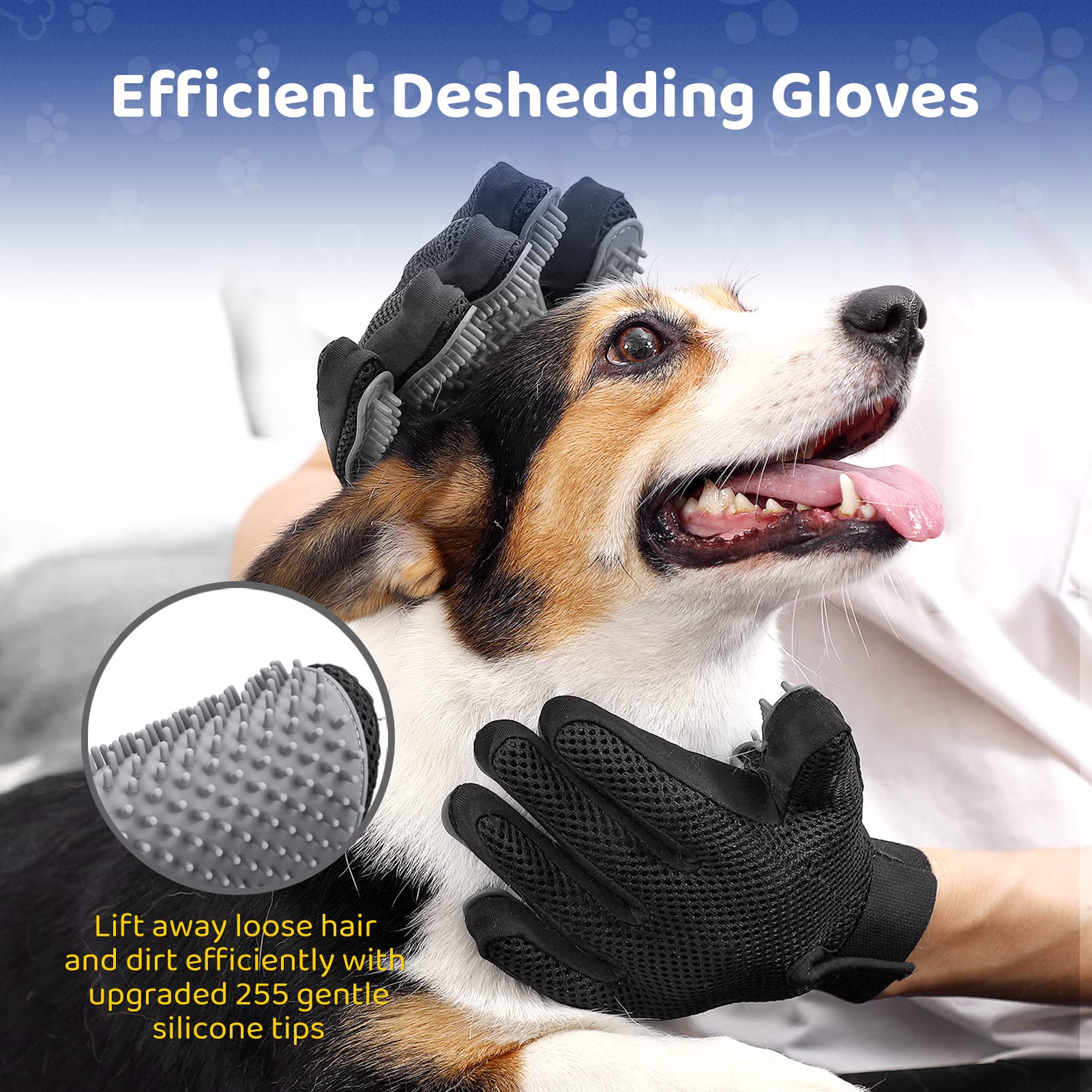 Upgrade Version Pet Grooming Glove - Gentle Deshedding Brush Glove - Efficient Pet Hair Remover Mitt - Enhanced Five Finger Design - Perfect For Dog & Cat With Long & Short Fur - 1 Pair (Gray)