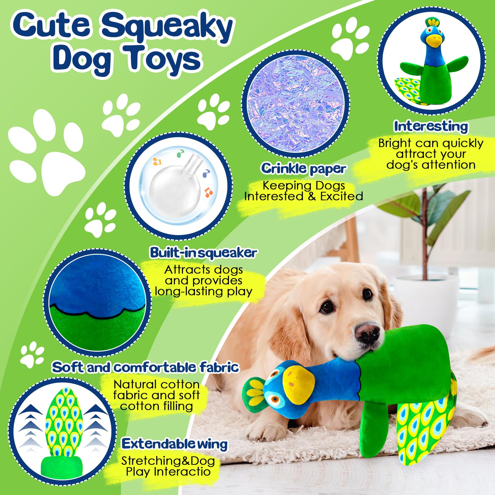 Large Dog Toys For Aggressive Chewers:Plush Squeaky Tug Of War Dog Toys With Crinkle Paper- Interactive Tough Teething Chew Toys