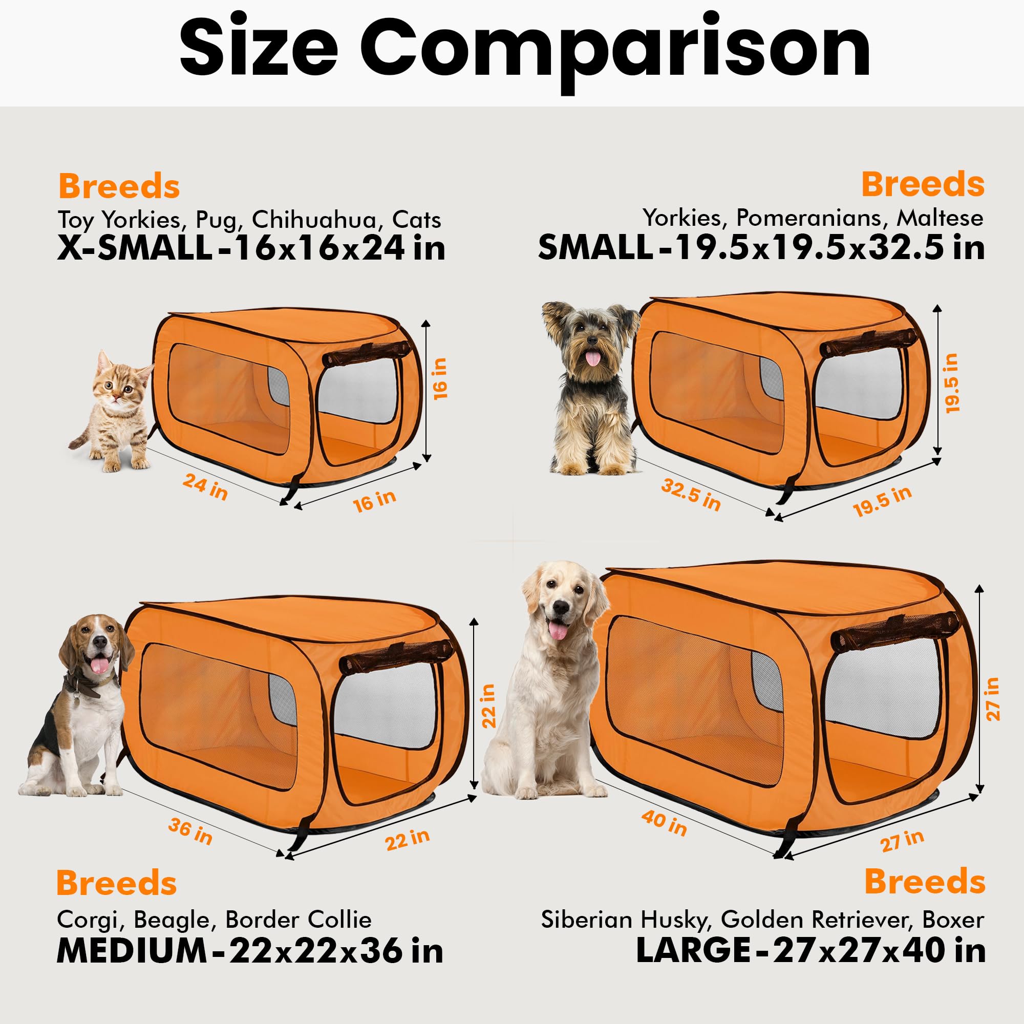 Beatrice Home Fashions Portable, Collapsible, Pop Up Kennel Travel Cat And Dog Crate, 40' L X 27' W X 27' H, Orange