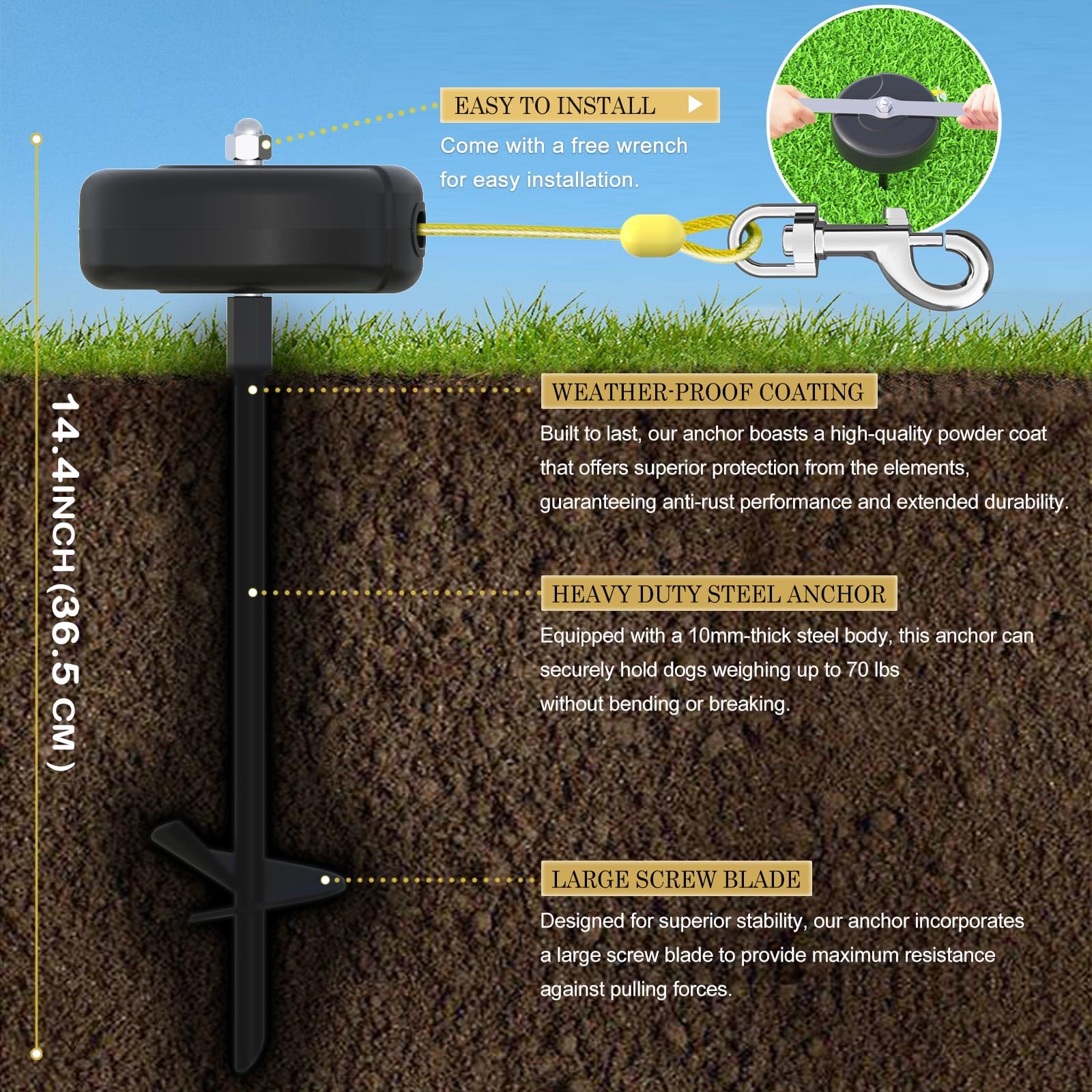 Pestairs 30ft Dog Tie Out Cable and Stake, 360No Tangle Heavy Spiral Dog Steel Anchor and Retractable Leash for Small to Large D