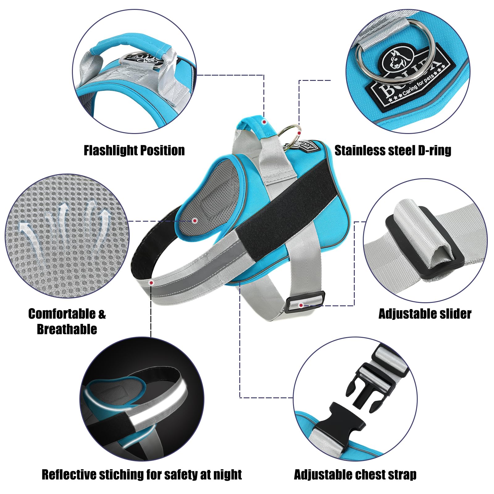 Bolux Dog Harness, No-Pull Reflective Dog Vest, Breathable Adjustable Pet Harness With Handle For Outdoor Walking - No More Pulling, Tugging Or Choking (Oceanicblue, Xx-Large (Pack Of 1))